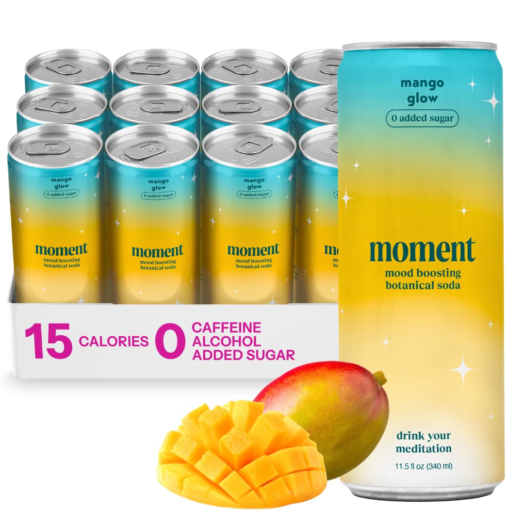 Moment Botanical Soda (Shark Tank) - Calm, Clarity & Relaxation with L-Theanine & Ashwagandha - Non Alcoholic Drinks for Adults - Sparkling Adaptogen Drink - 0 Sugar 0 Caffeine - 12 Pack 11.5 fl oz