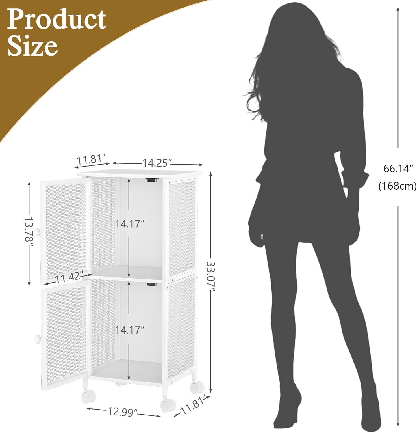Small Bathroom Storage Cabinet with Movable Wheels, Wooden Bathroom Standing Shelf with 2 Metal Doors, Slim Bathroom Storage Cart for Small Spaces, Laundry, Kitchen, Narrow stand Storage Unit, White