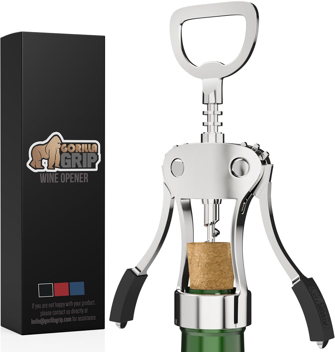 GORILLA GRIP BPA-Free Premium Wine Opener, Easy to Use Smooth Zinc Alloy Wing Corkscrew, Multifunctional Bottle Openers Remove Corks, Caps, Sharp Cork Screw, Dishwasher Safe, Bar Essentials, Black