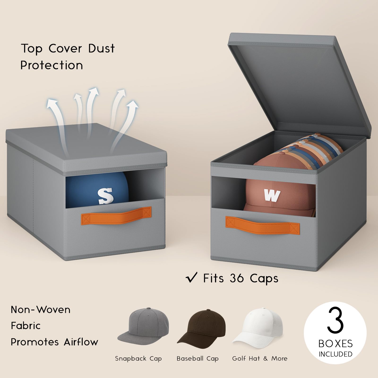 Homsorout Hat Organizer for Baseball Caps - 3 Pack Stackable Foldable Protective Lids Hat Storage Box with Clear Window Baseball cap organizer for Closet, Bedroom, Rv, Grey
