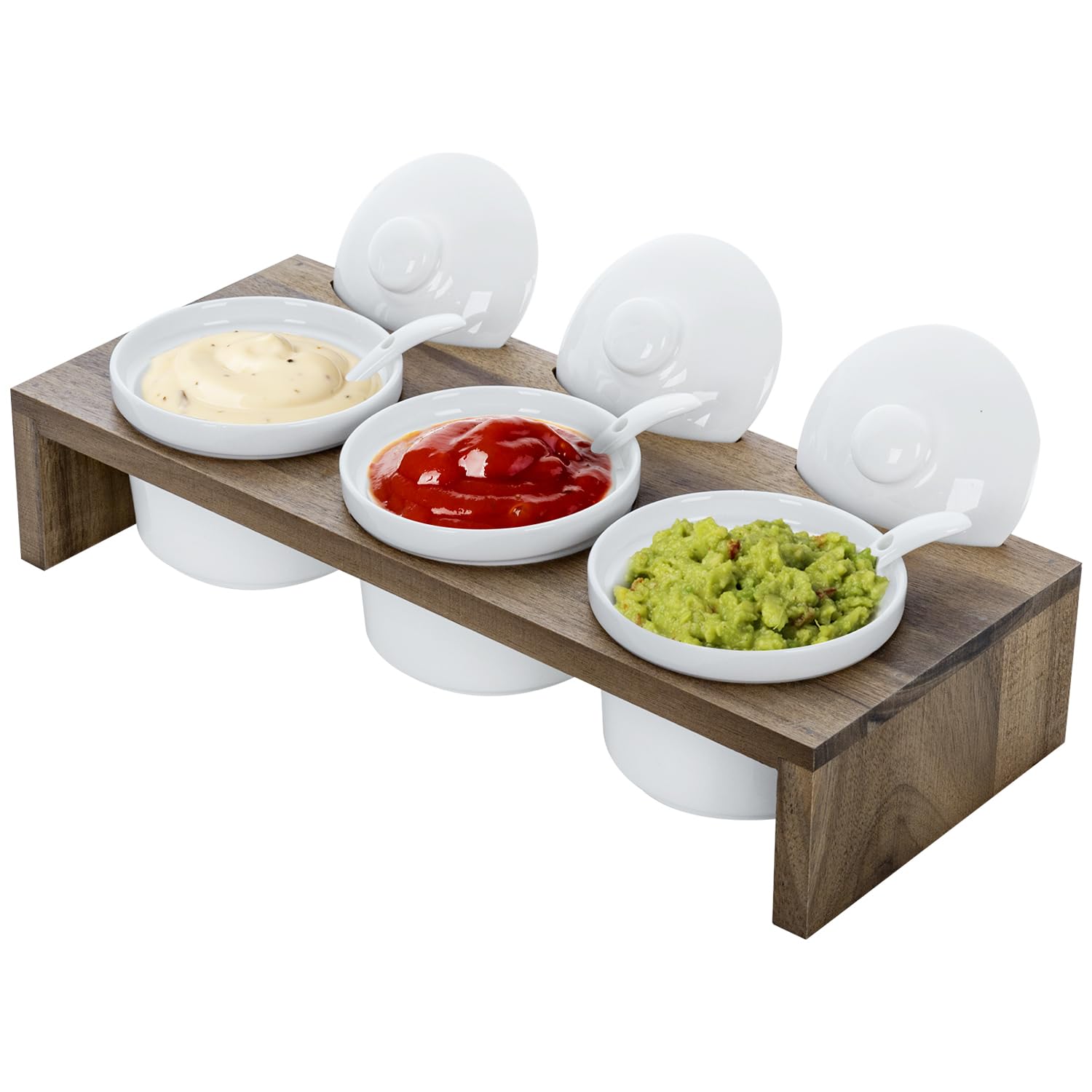 MyGift 10 Pcs Sauce Serving Dish, Hosting Party Essentials Host Gift, 3 Ceramic Ramekin Chip Dip Bowls with Lids & Spoons, Premium Bamboo Server Tray, Condiment Pot Entertaining