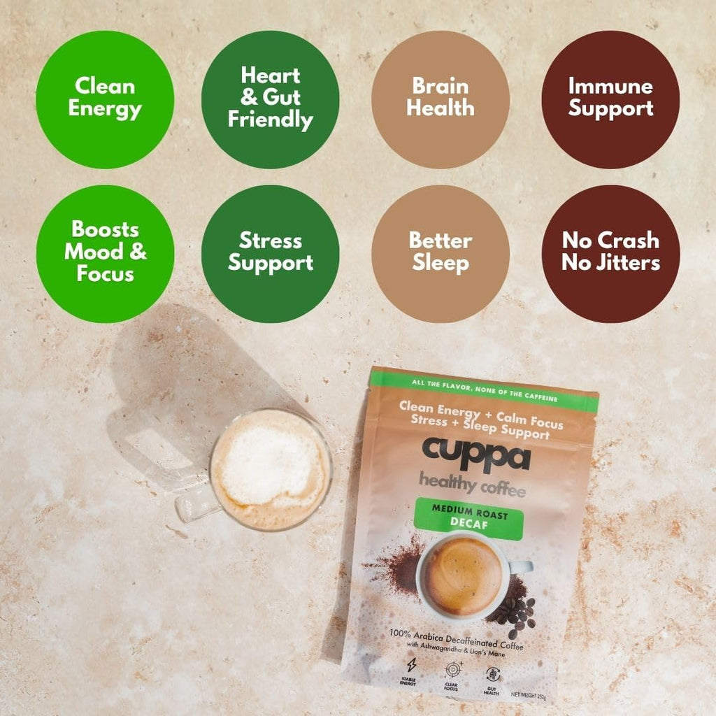 Cuppa Medium Roast Mushroom Coffee with Adaptogens & Superfoods - Lion’s Mane, Ashwagandha & Cordyceps. Adaptogens + MCT to support natural energy, mental focus & gut health (30 Servings)
