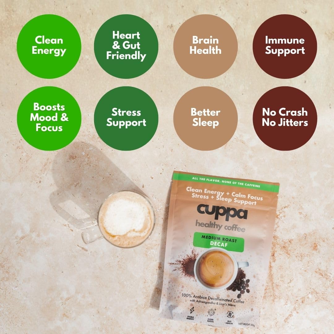 Cuppa Medium Roast Mushroom Coffee with Adaptogens & Superfoods - Lion’s Mane, Ashwagandha & Cordyceps. Adaptogens + MCT to support natural energy, mental focus & gut health (30 Servings)