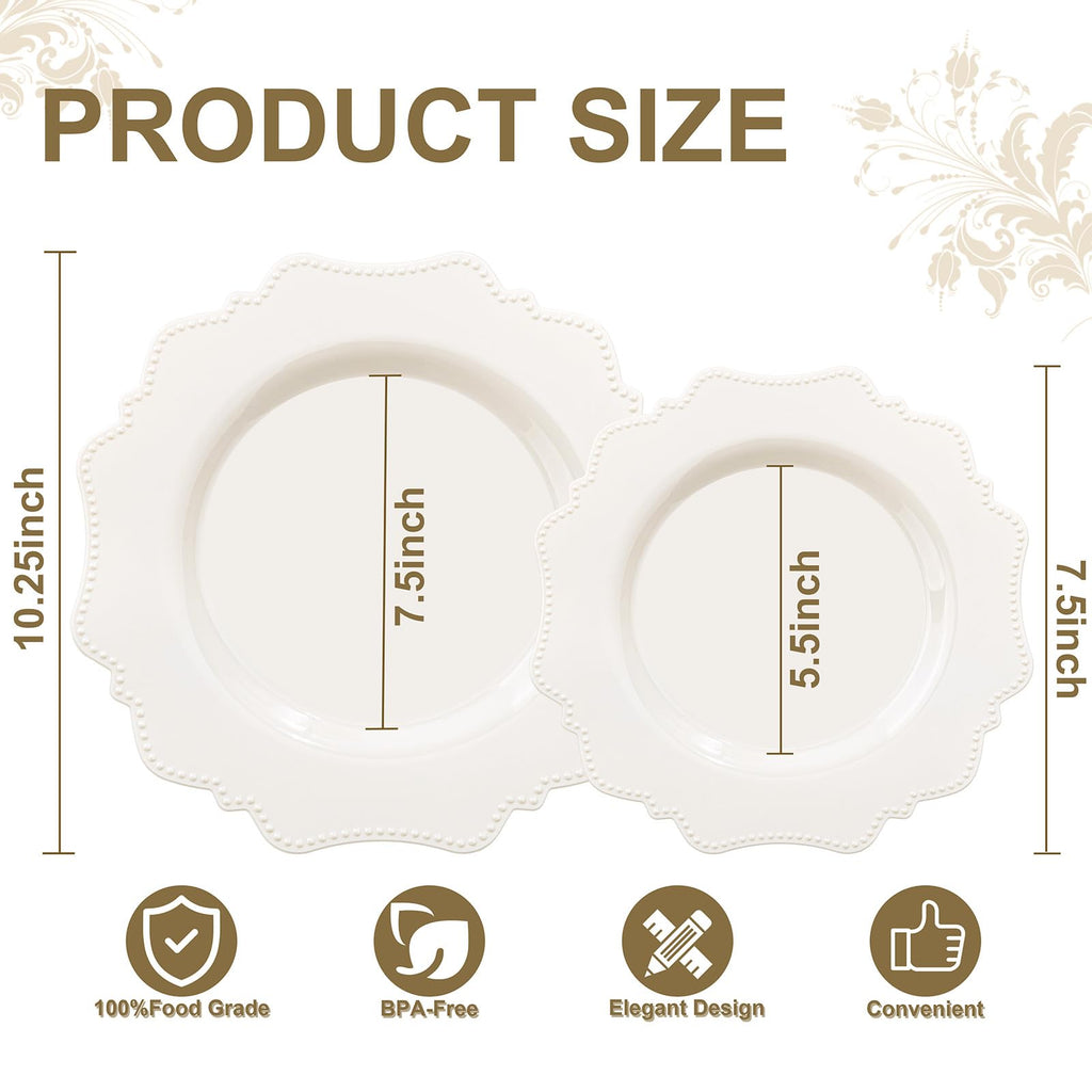 COLOSUS 60PCS White Plastic Plates for 30 guests-Fancy Plastic Beaded Plates,Plastic Plates for Party, Elegant White plates,Include 30 PCS 10.5" Dinner plates & 30PCS 8.25" Dessert plates for easter