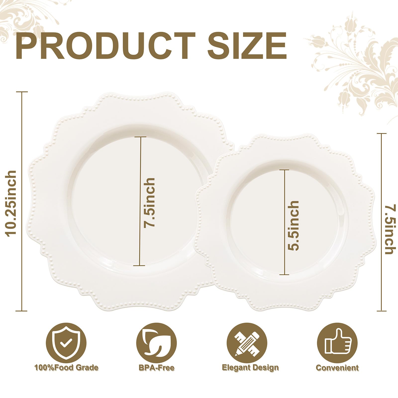 COLOSUS 60PCS White Plastic Plates for 30 guests-Fancy Plastic Beaded Plates,Plastic Plates for Party, Elegant White plates,Include 30 PCS 10.5" Dinner plates & 30PCS 8.25" Dessert plates for easter