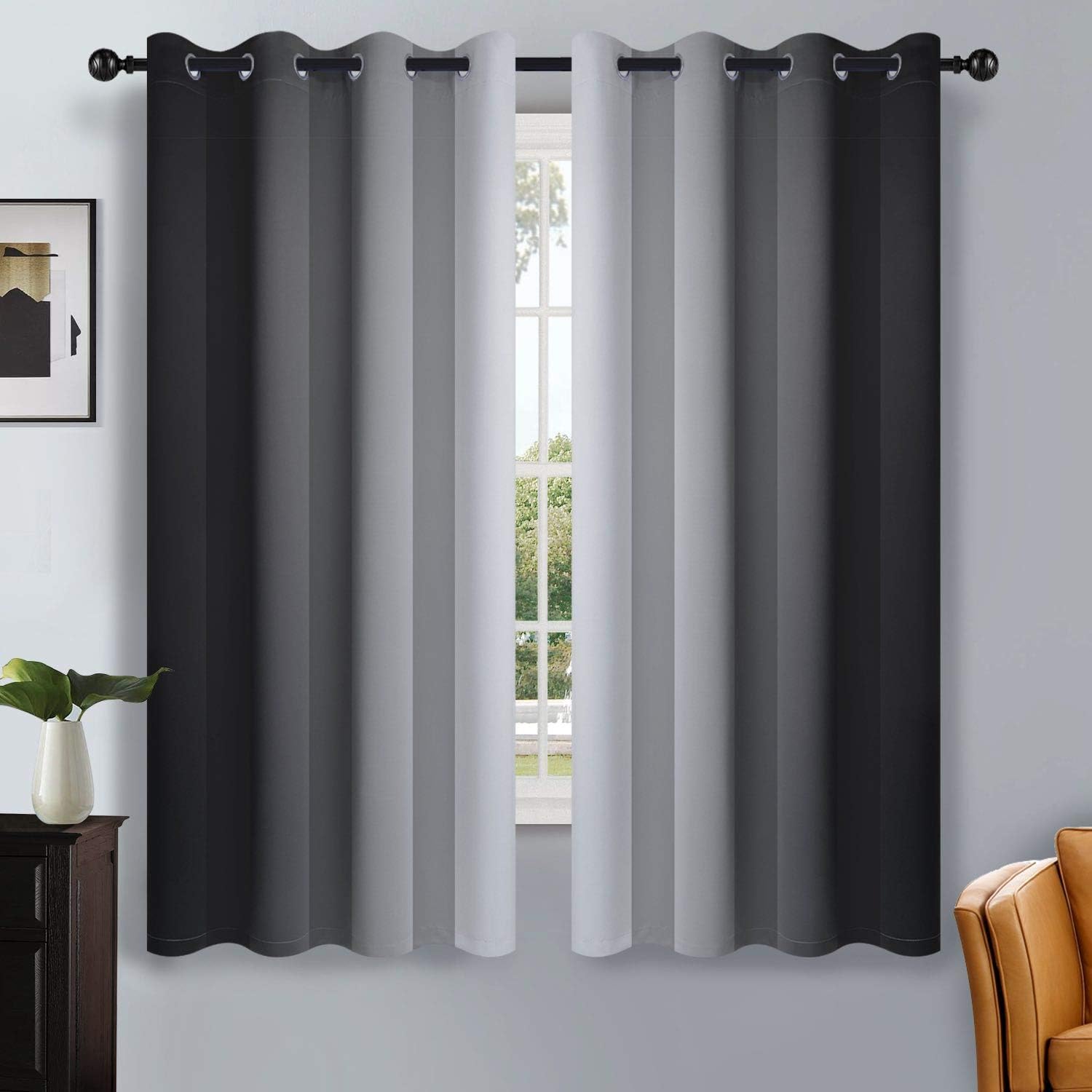 SimpleHome Ombre Room Darkening Curtains for Bedroom, Gradient Black to Grey White Light Blocking Thermal Insulated Grommet Window Curtain/Drapes for Living Room,2 Panels, 52x84 inches Length