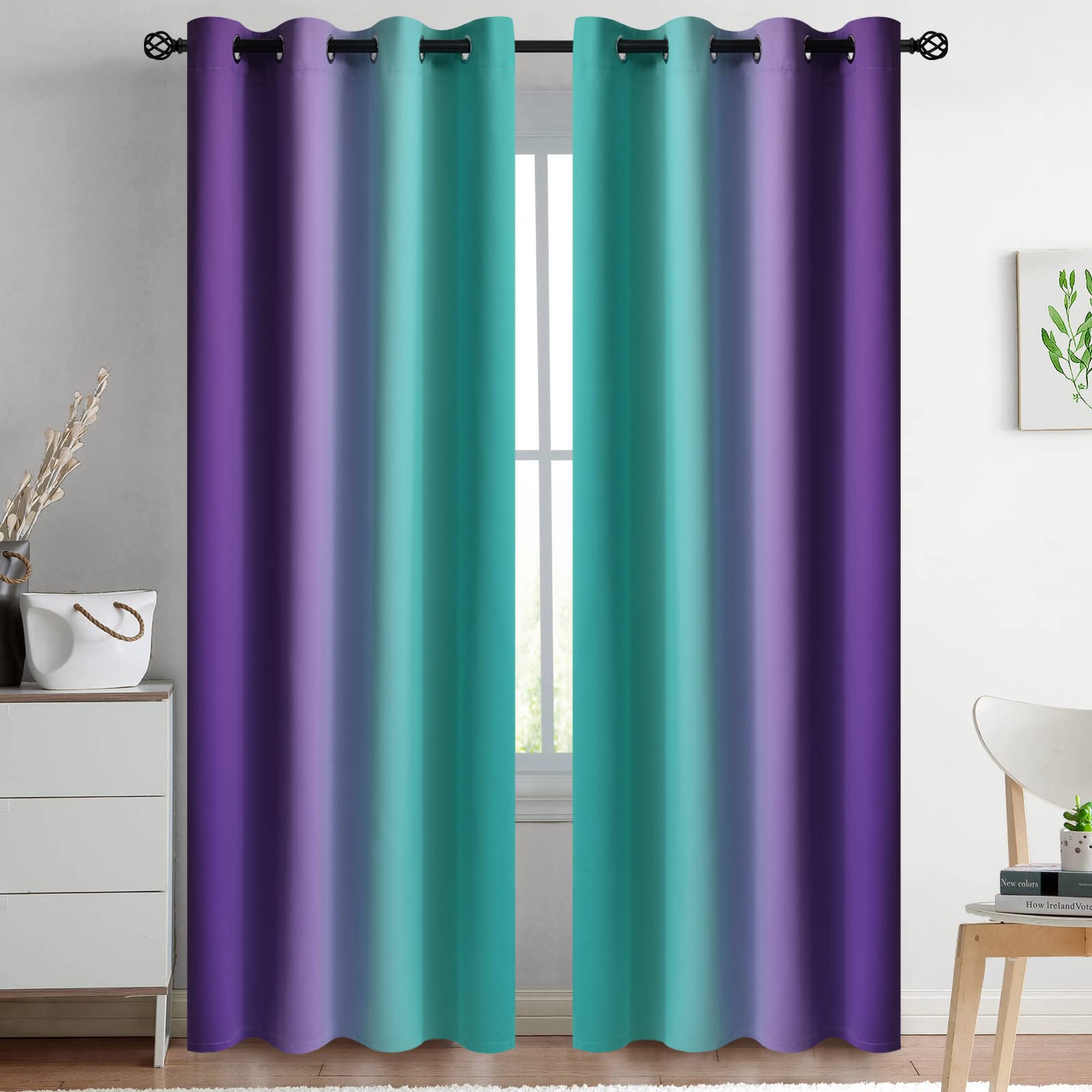 Yakamok Blue and Greyish White Ombre Curtains, Room Darkening Gradient Color Curtains for Bedroom, Light Blocking Thermal Insulated Window Drapes for Living Room(2 Panels, 52x84 Inch)