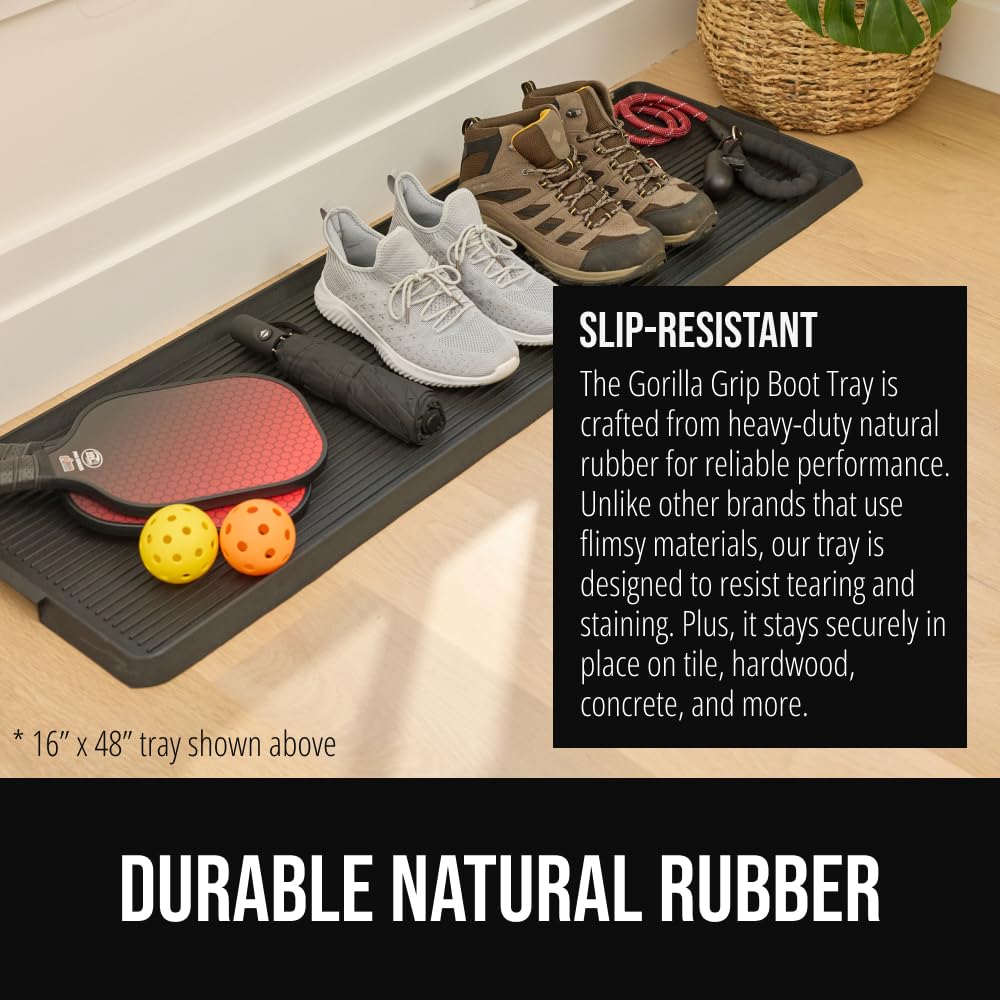 GORILLA GRIP Natural Rubber Indoor Outdoor Boot Tray for Shoes, 32x16, Waterproof Winter Mat with Raised Edges, Handles, Tear Resistant Heavy Duty Home Garage Floor Mats, Easy Clean Shoe Trays, Black