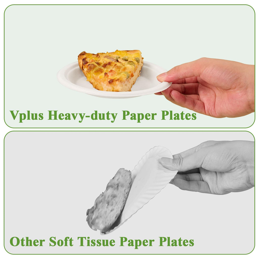 Vplus 150 Pack Paper Plates 9 inch 100% Compostable, Heavy-Duty Disposable Paper Plates Bagasse Natural Biodegradable Eco-Friendly Sugarcane