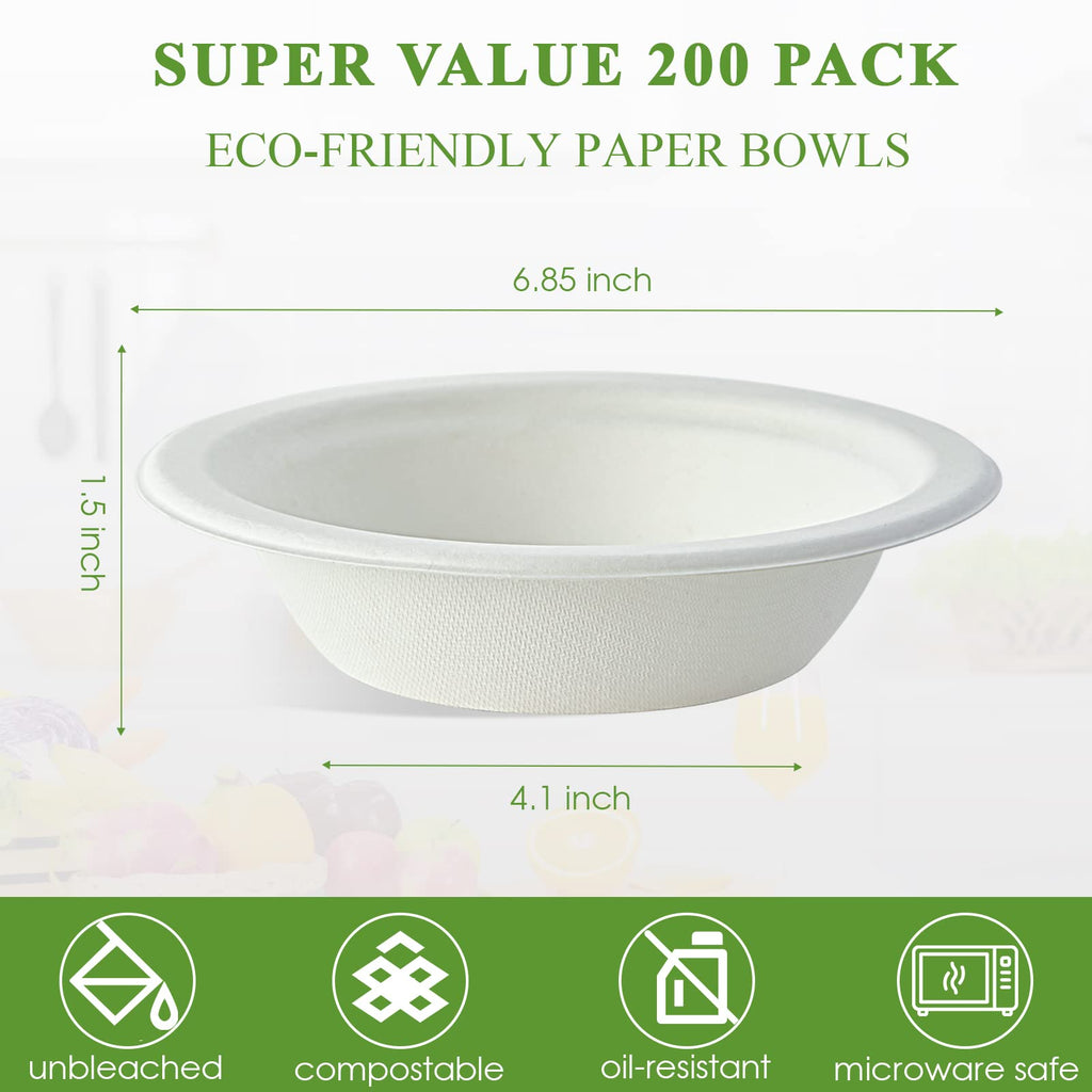 Vplus 200 Pack 16 OZ Paper Bowls, Disposable Compostable Bulk, Eco-friendly Bagasse, Heavy-duty Bowls Perfect for Milk Cereals, Snacks, Salads