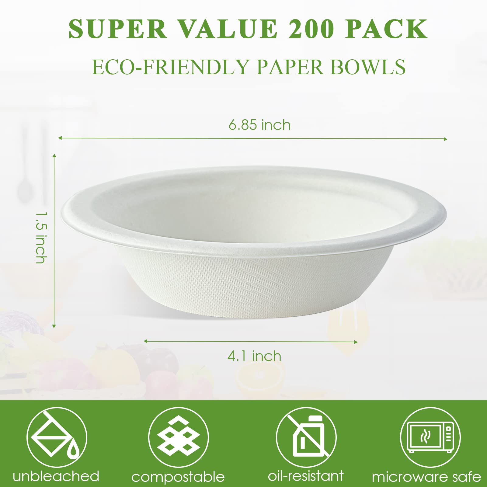 Vplus 200 Pack 16 OZ Paper Bowls, Disposable Compostable Bulk, Eco-friendly Bagasse, Heavy-duty Bowls Perfect for Milk Cereals, Snacks, Salads