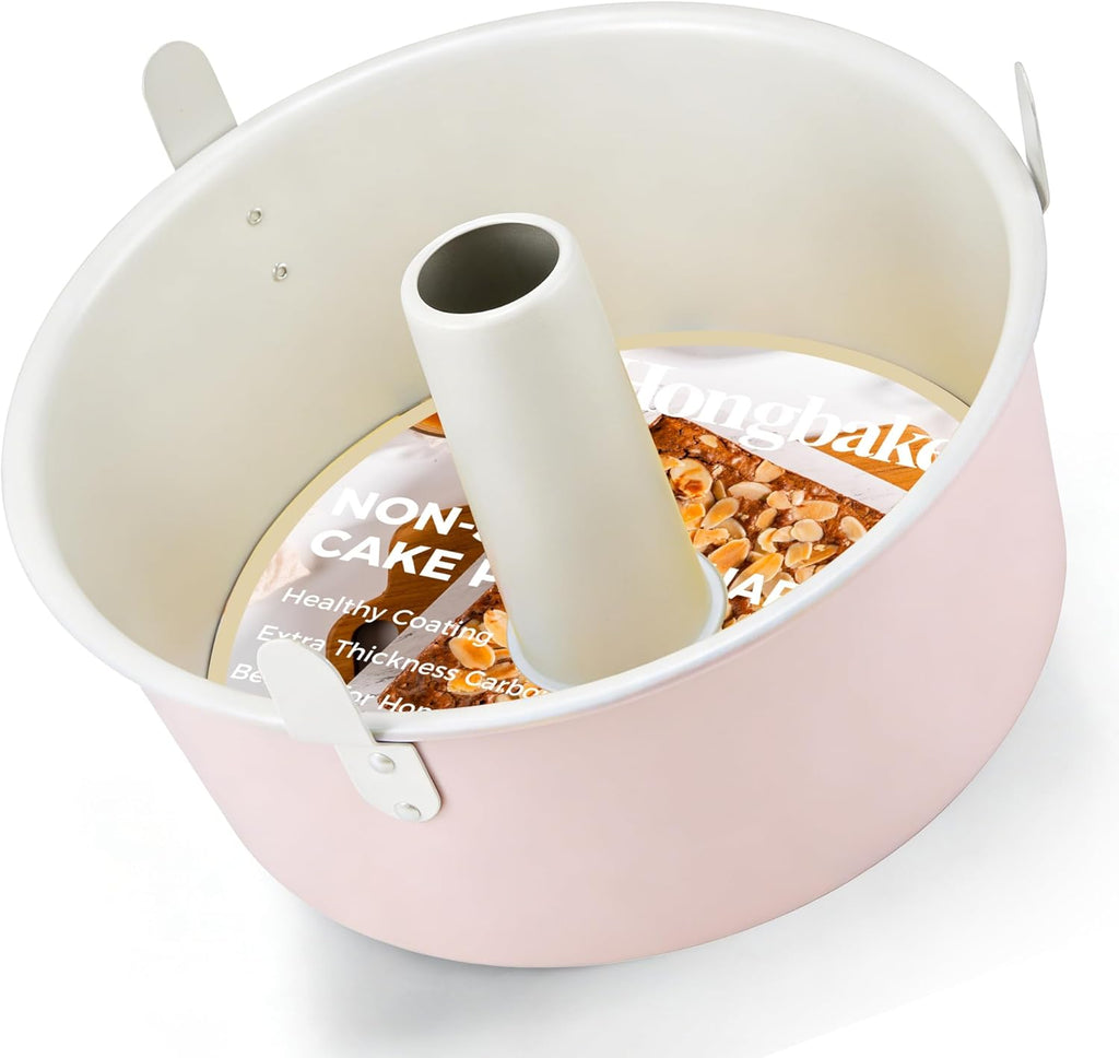 HONGBAKE Angel Food Cake Pan with Removable Bottom, 10 inch Carbon Steel Bundt Cake Pan for Baking, Non-stick Pound Tube Pans for Cakes, 16-Cup, Heavy Duty - Pink