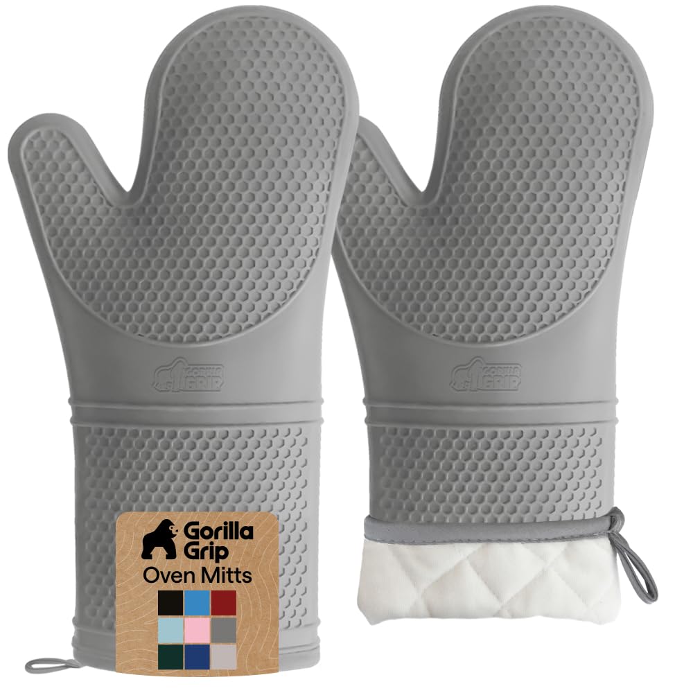 GORILLA GRIP BPA-Free Soft Silicone Oven Mitts, Heat Resistant and Waterproof Cooking Safety Gloves, Thick Cotton Lining, Flexible Gripping, Kitchen Potholders Set, for Grilling, BBQ, 12.5x8.3, Black