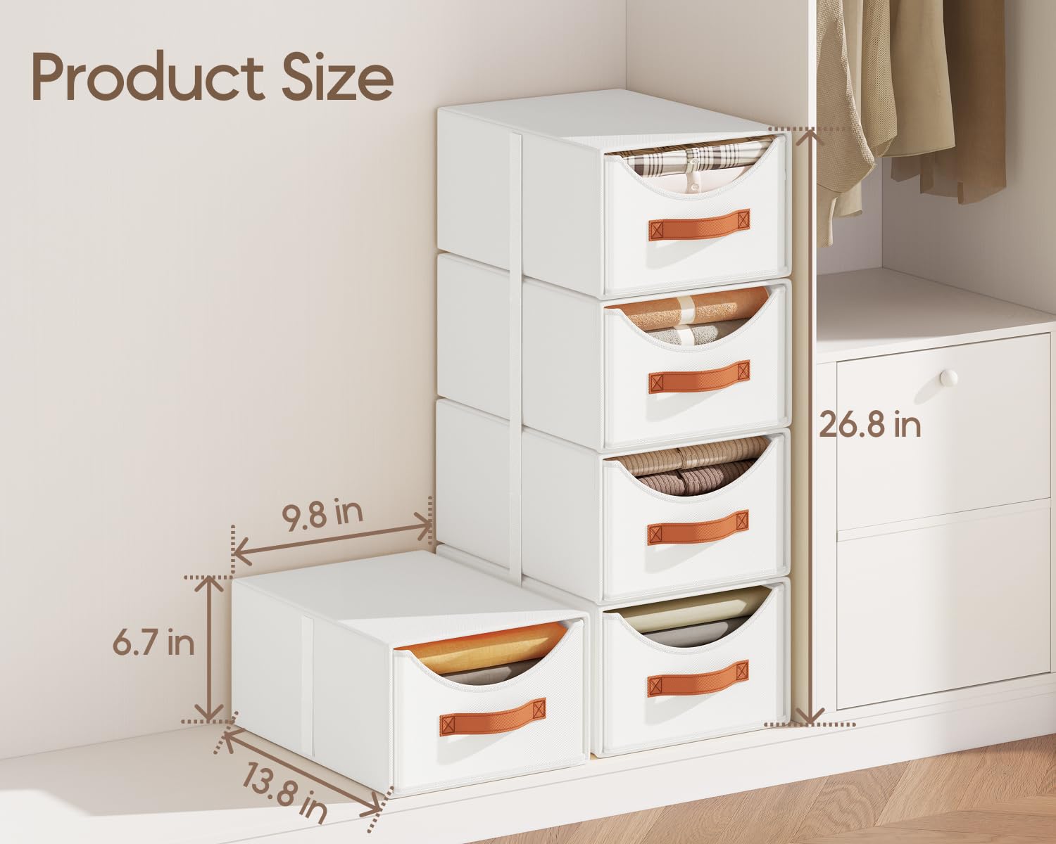 Homsorout Stackable Storage Drawers - Collapsible Storage Bins with Drawers, 4 Pack Closet Shelf Organizer Basket, Fabric Pull Out Organizer for Bedroom, Living Room, Dorm, Beige