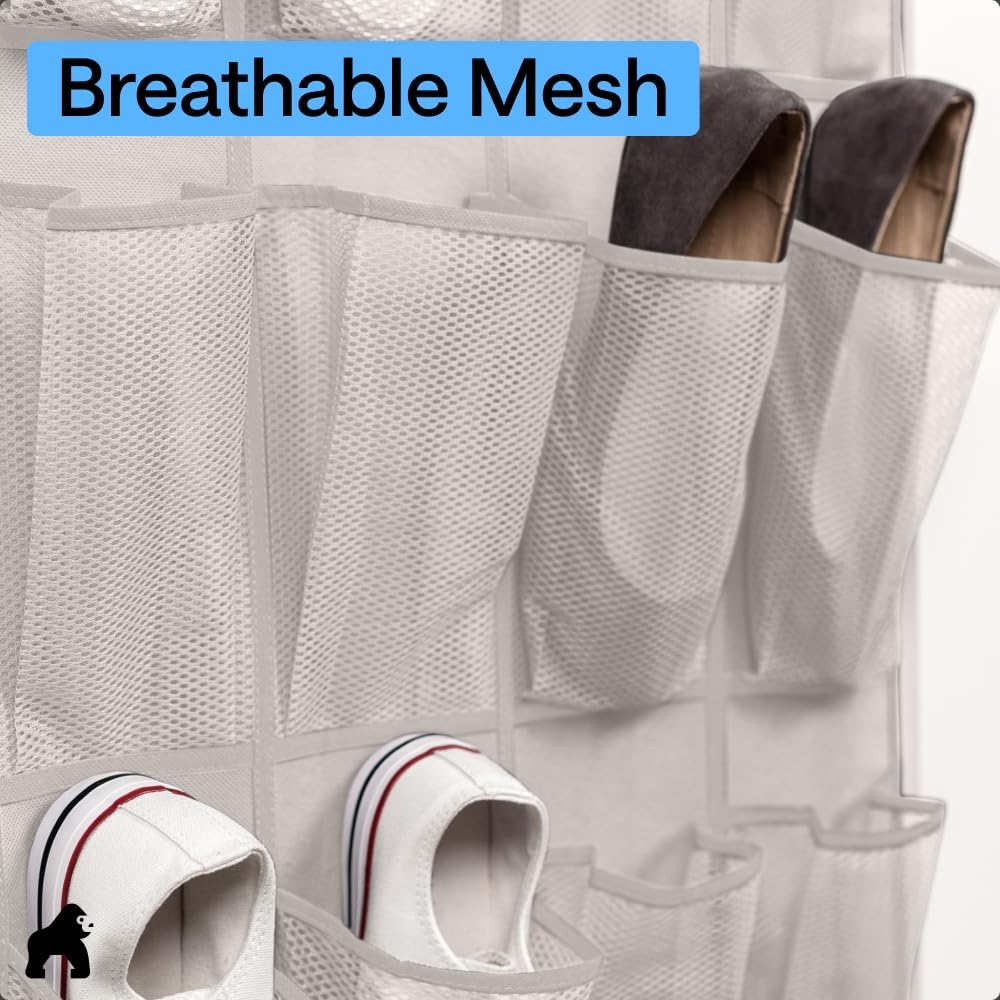 GORILLA GRIP Over the Door Shoe Organizer, 24 Large Breathable Mesh Pockets, Space Saving Hanging Storage Holder, Closet Rack Hanger Holds Up to 40 lbs, Hangs on Closets for Shoes, Accessories, Black