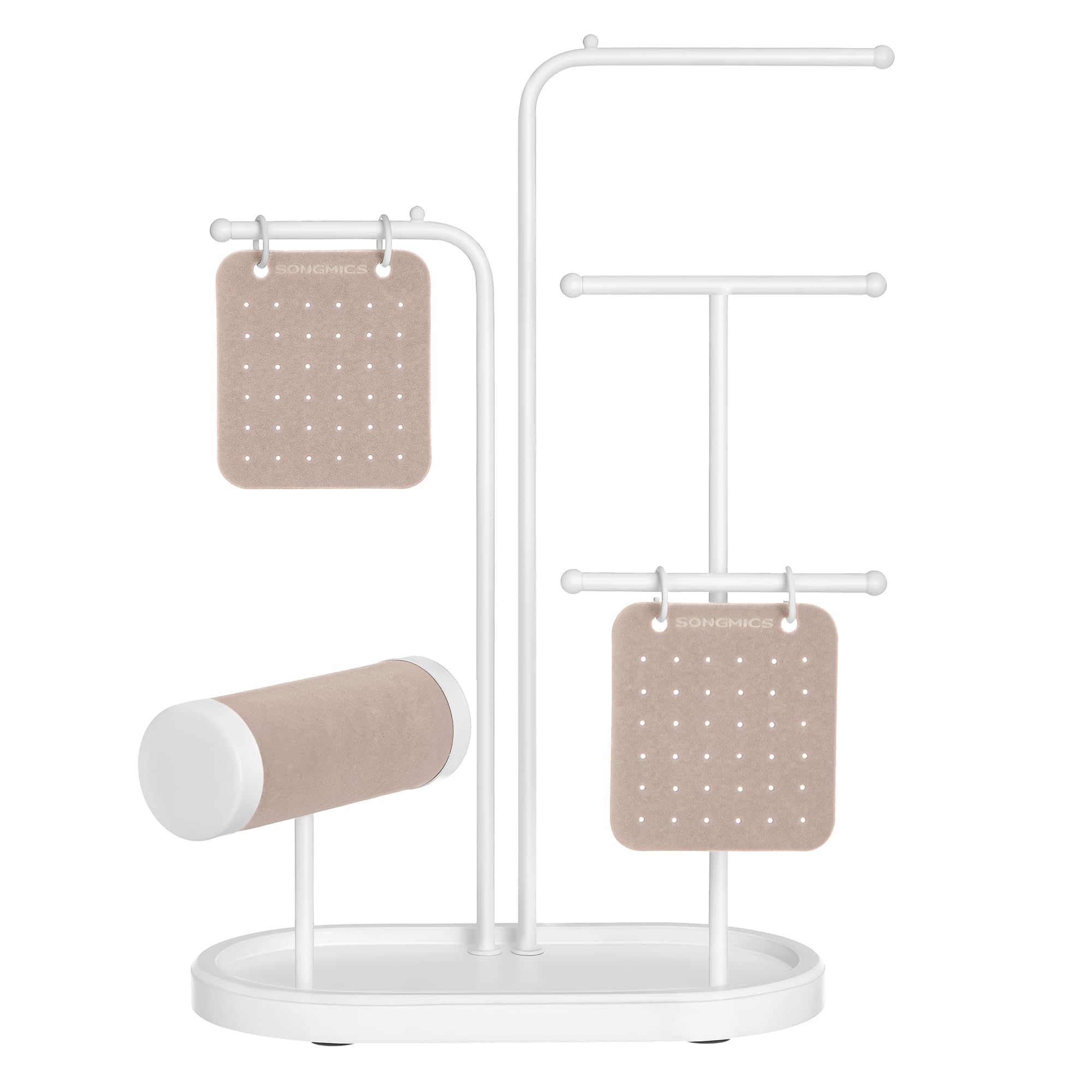 SONGMICS Jewelry Stand, Jewelry Organizer, Jewelry Display Holder with Metal Frame, 2 Earring Boards, 4 Hanging Rods, Necklace Earring Bracelet Holder, for Watches, Metallic Gold UJJS025A01