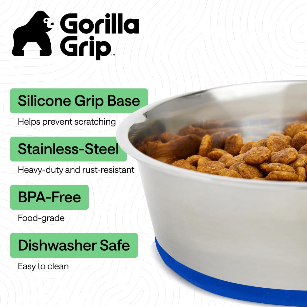 GORILLA GRIP Dog Bowls, Heavy Duty 304 Stainless Steel, Holds 2 Cups Each (16 fl oz) Food and Water Bowl for Feeding Dogs and Cats, Dishwasher Safe, Rust Resistant, BPA Free Rubber Base Set of 2 Black