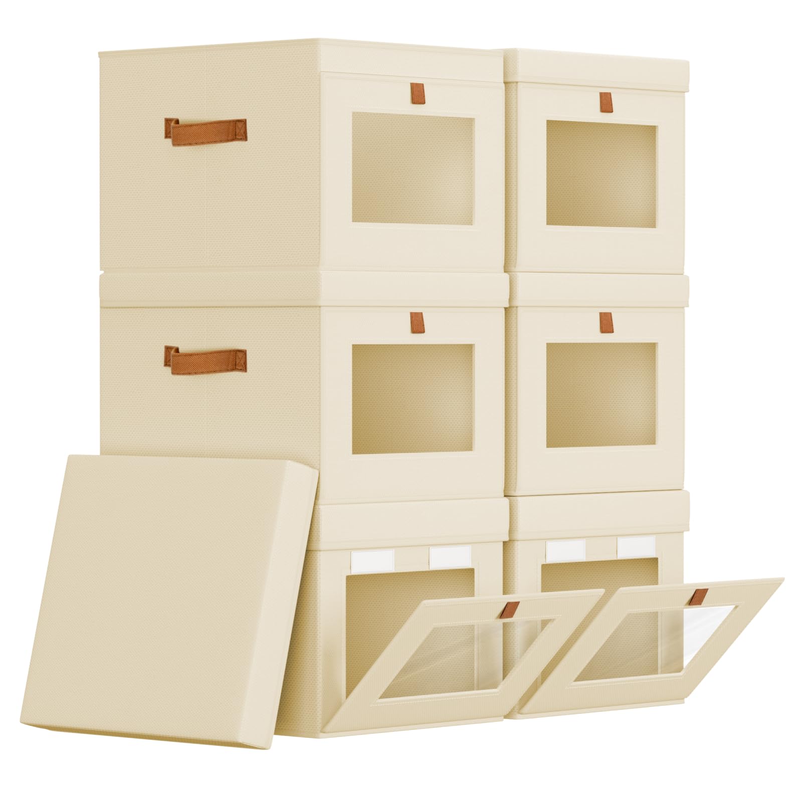 Homsorout Large Storage Bins with Lids - Front Opening Fabric Storage Bins, Flap Closet Organizer with Handles, Collapsible Boxes with Lid, Decorative Basket for Home, Dorm, 2 Pack, Beige