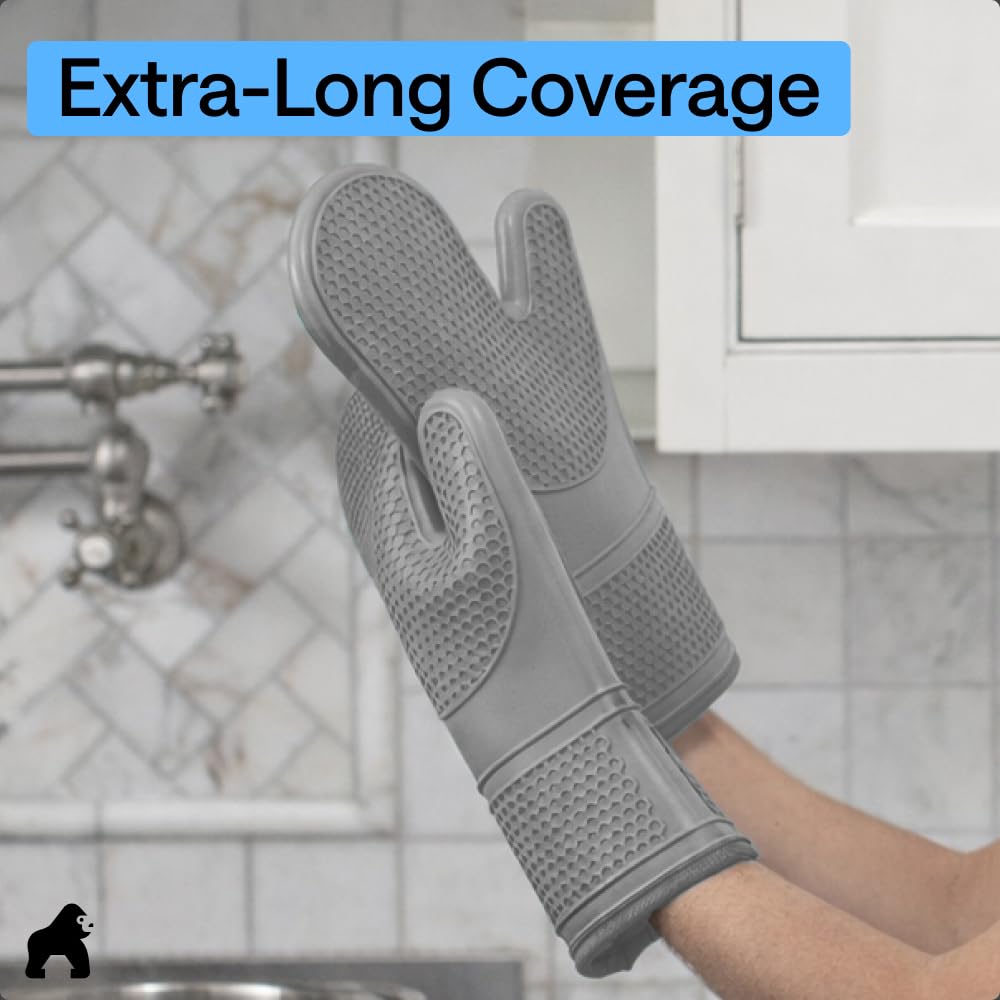GORILLA GRIP BPA-Free Soft Silicone Oven Mitts, Heat Resistant and Waterproof Cooking Safety Gloves, Thick Cotton Lining, Flexible Gripping, Kitchen Potholders Set, for Grilling, BBQ, 12.5x8.3, Black