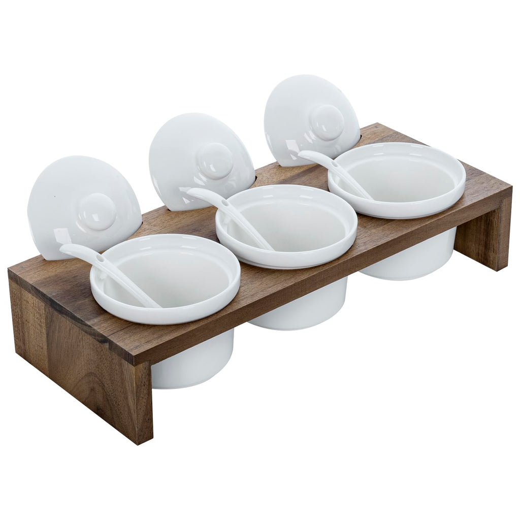 MyGift 10 Pcs Sauce Serving Dish, Hosting Party Essentials Host Gift, 3 Ceramic Ramekin Chip Dip Bowls with Lids & Spoons, Premium Bamboo Server Tray, Condiment Pot Entertaining