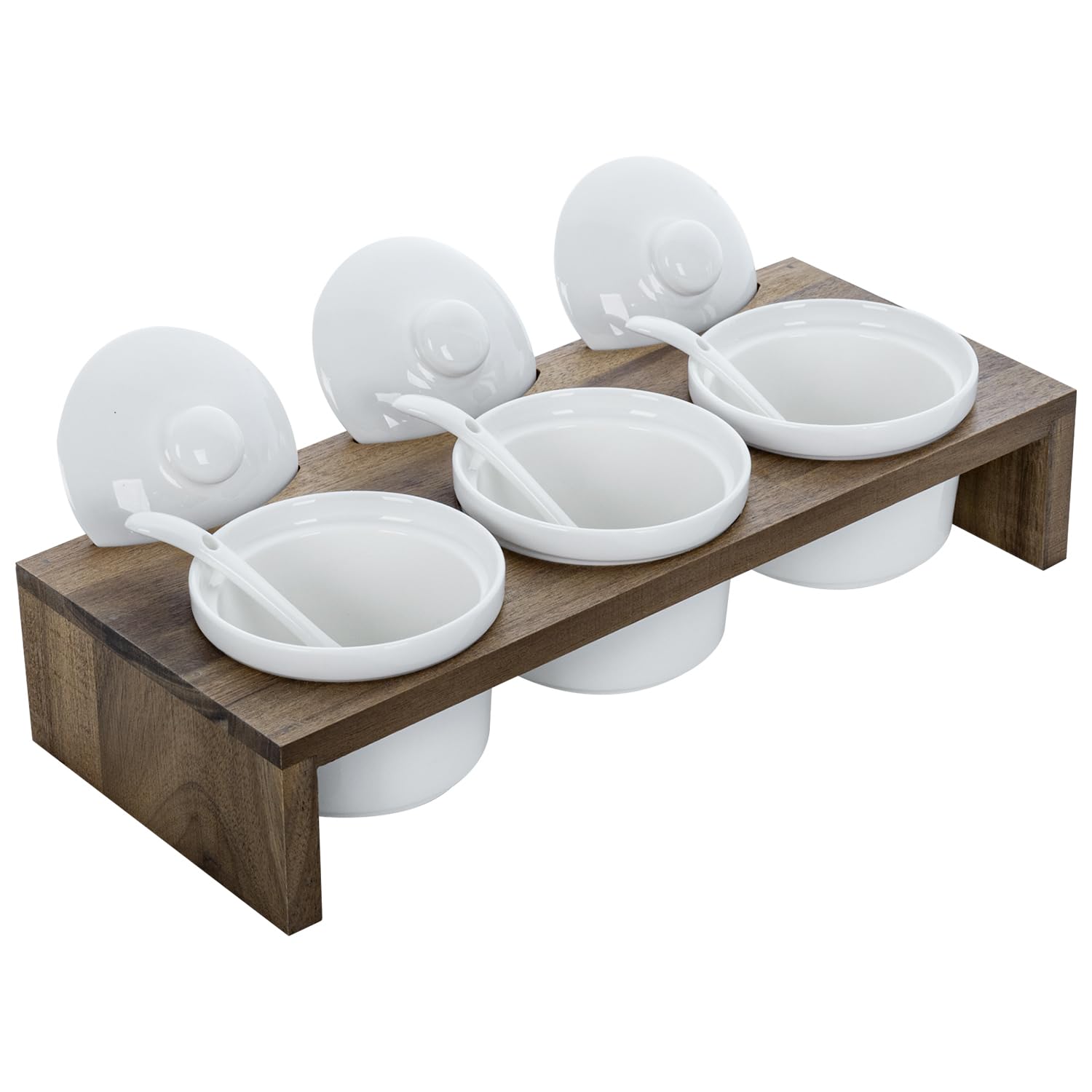 MyGift 10 Pcs Sauce Serving Dish, Hosting Party Essentials Host Gift, 3 Ceramic Ramekin Chip Dip Bowls with Lids & Spoons, Premium Bamboo Server Tray, Condiment Pot Entertaining