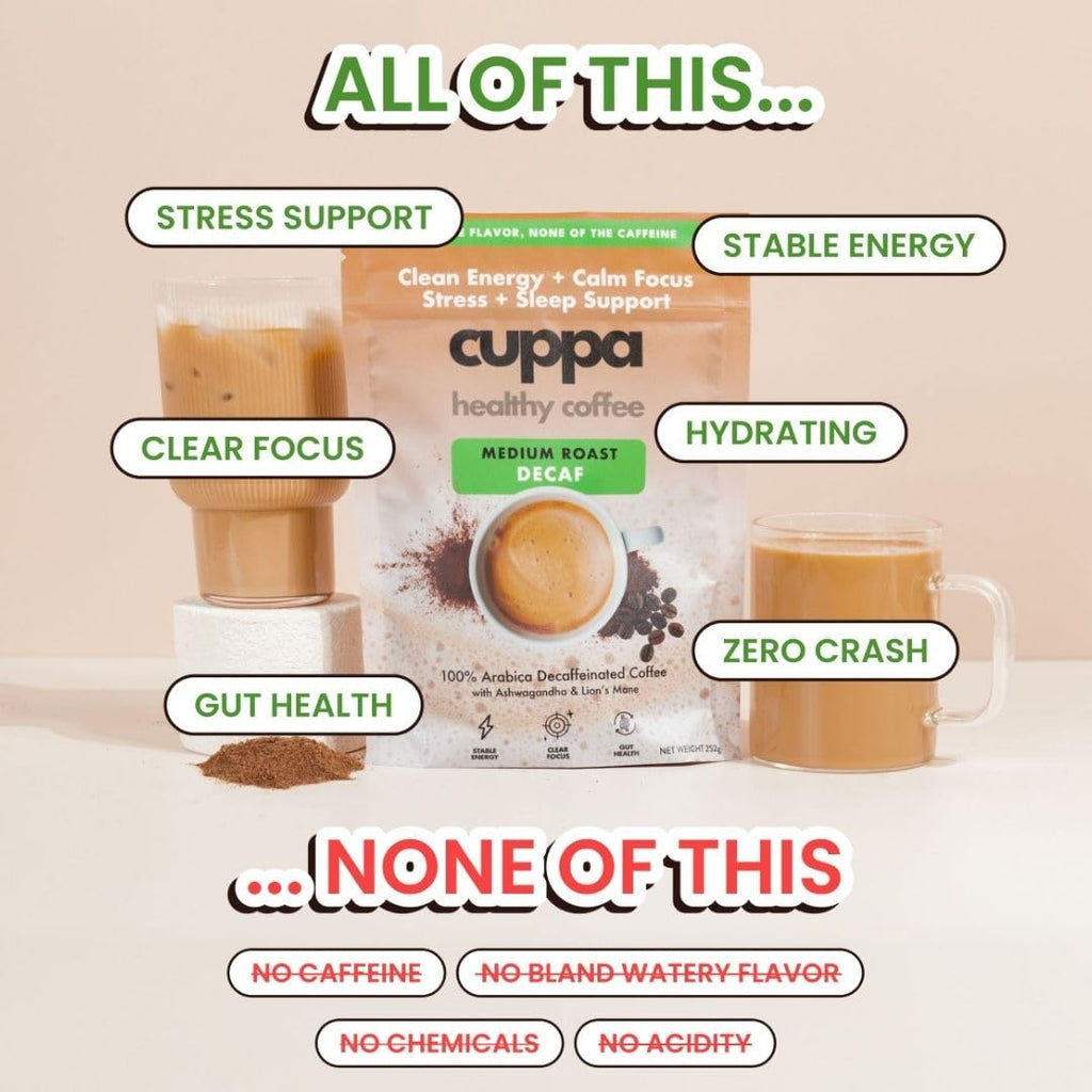 Cuppa Medium Roast Mushroom Coffee with Adaptogens & Superfoods - Lion’s Mane, Ashwagandha & Cordyceps. Adaptogens + MCT to support natural energy, mental focus & gut health (30 Servings)