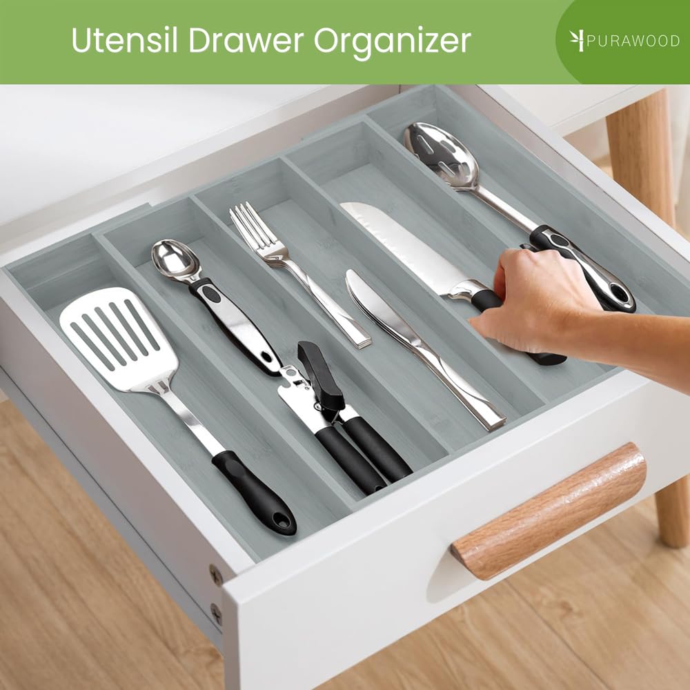 Purawood Bamboo Drawer Organizer - Expandable Silverware Organizer & Utensil Drawer Organizer, Cutlery Tray with Dividers, 7-9 Slots- Kitchen Organizer for Utensils & Flatware (Natural)