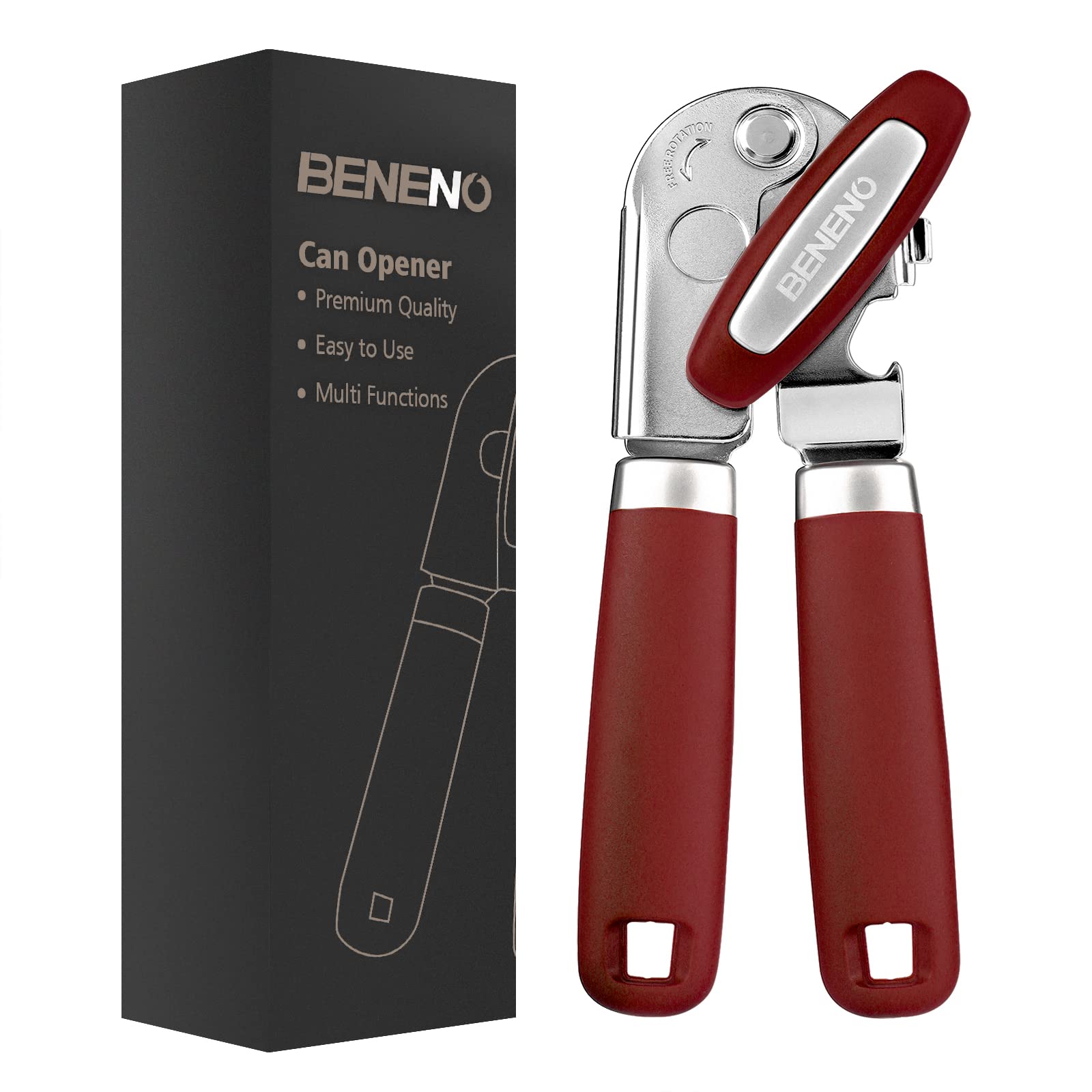 Beneno Heavy Duty Hand Can Opener Manual with Magnet, Durable Sharp Carbon Steel Blade Smooth Cutting, Big Effort-Saving Knob & Soft Grip Handle, Multifunctional Kitchen Tool with Bottle Opener, Green