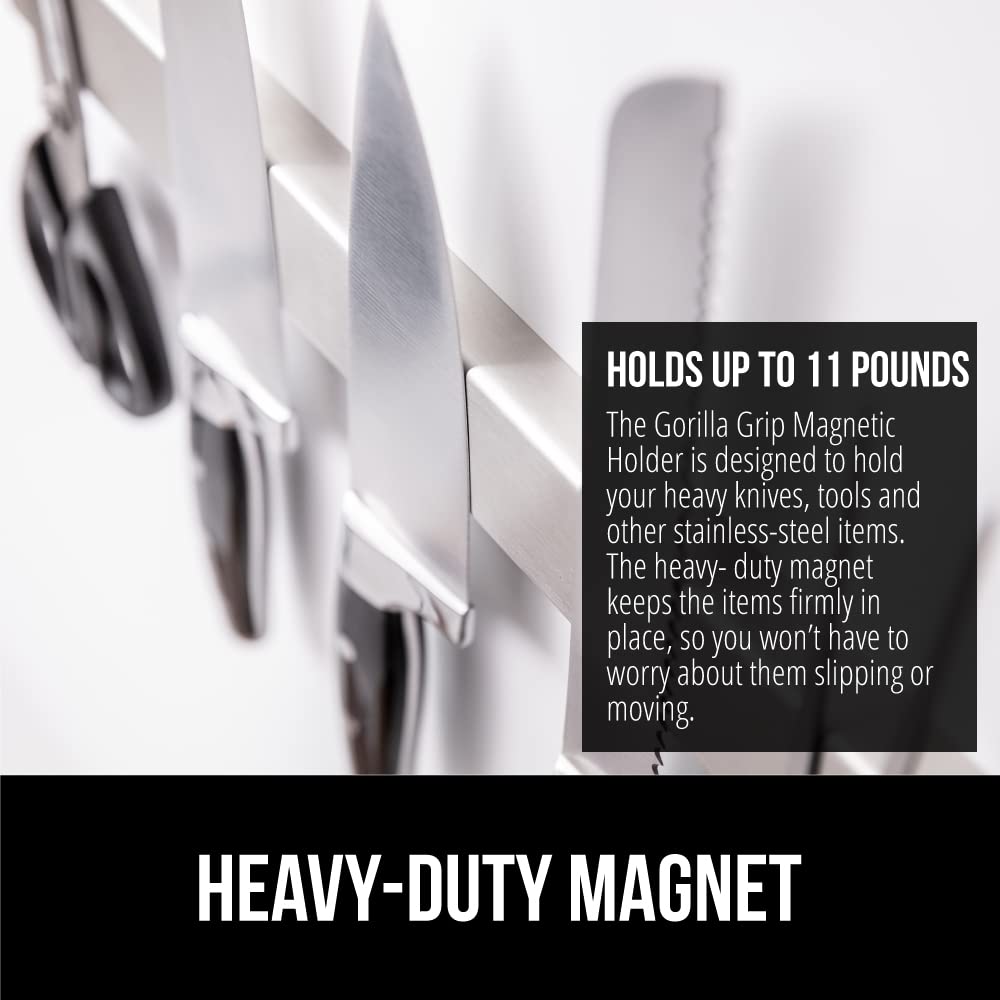 GORILLA GRIP 304 Stainless Steel Magnetic Knife Holder for Wall, Magnet Bar for Knives, Tools, Heavy Duty Metal Strip Holds Up to 6 lbs, Kitchen Home Organizer, 10 in, Non-Adhesive, Drilling Required