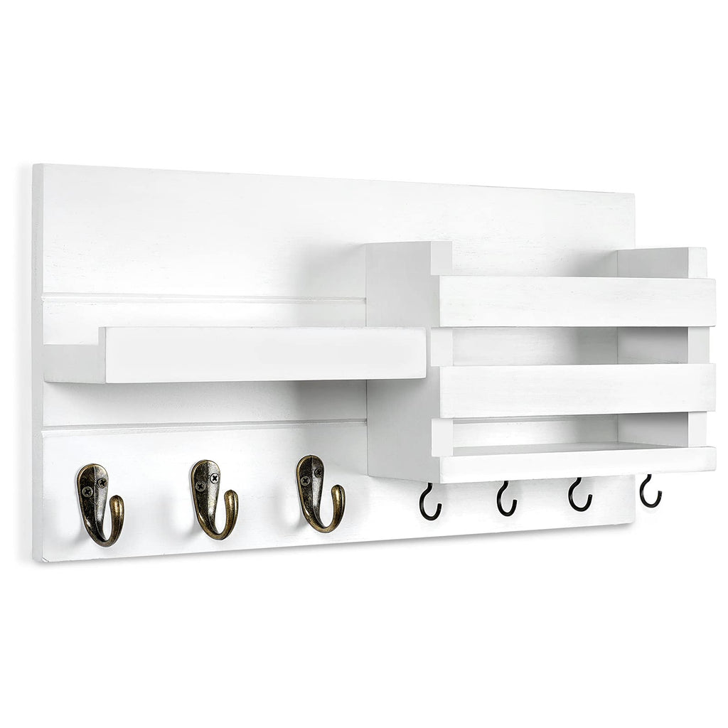 Mail Organizer for Wall Mount – Key Holder with Shelf Includes Letter Holder and Hooks for Coats, Dog Leashes – Rustic Wood with Flush Mounting Hardware (16.5” x 8.7” x 3.5”)