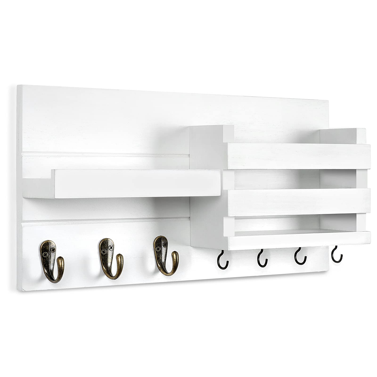 Mail Organizer for Wall Mount – Key Holder with Shelf Includes Letter Holder and Hooks for Coats, Dog Leashes – Rustic Wood with Flush Mounting Hardware (16.5” x 8.7” x 3.5”)