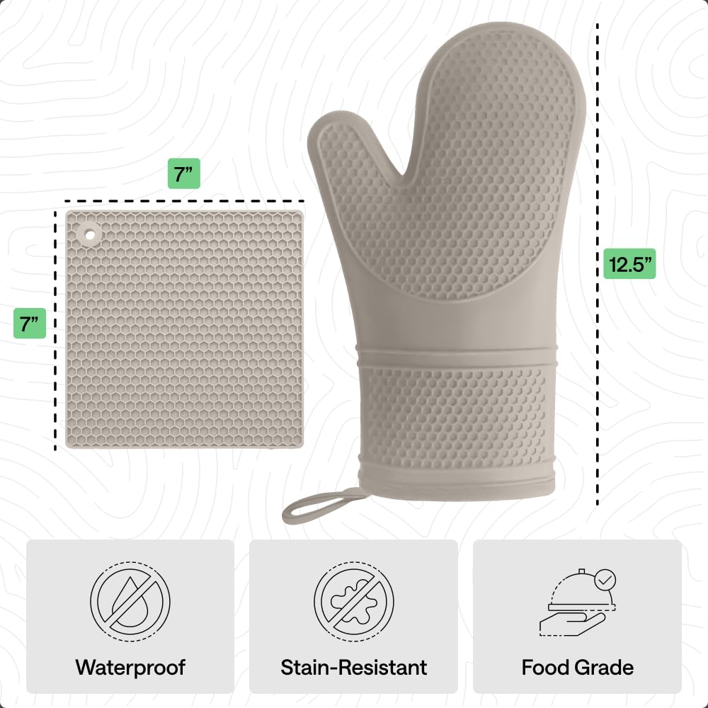 GORILLA GRIP BPA-Free Soft Silicone Oven Mitts, Heat Resistant and Waterproof Cooking Safety Gloves, Thick Cotton Lining, Flexible Gripping, Kitchen Potholders Set, for Grilling, BBQ, 12.5x8.3, Black