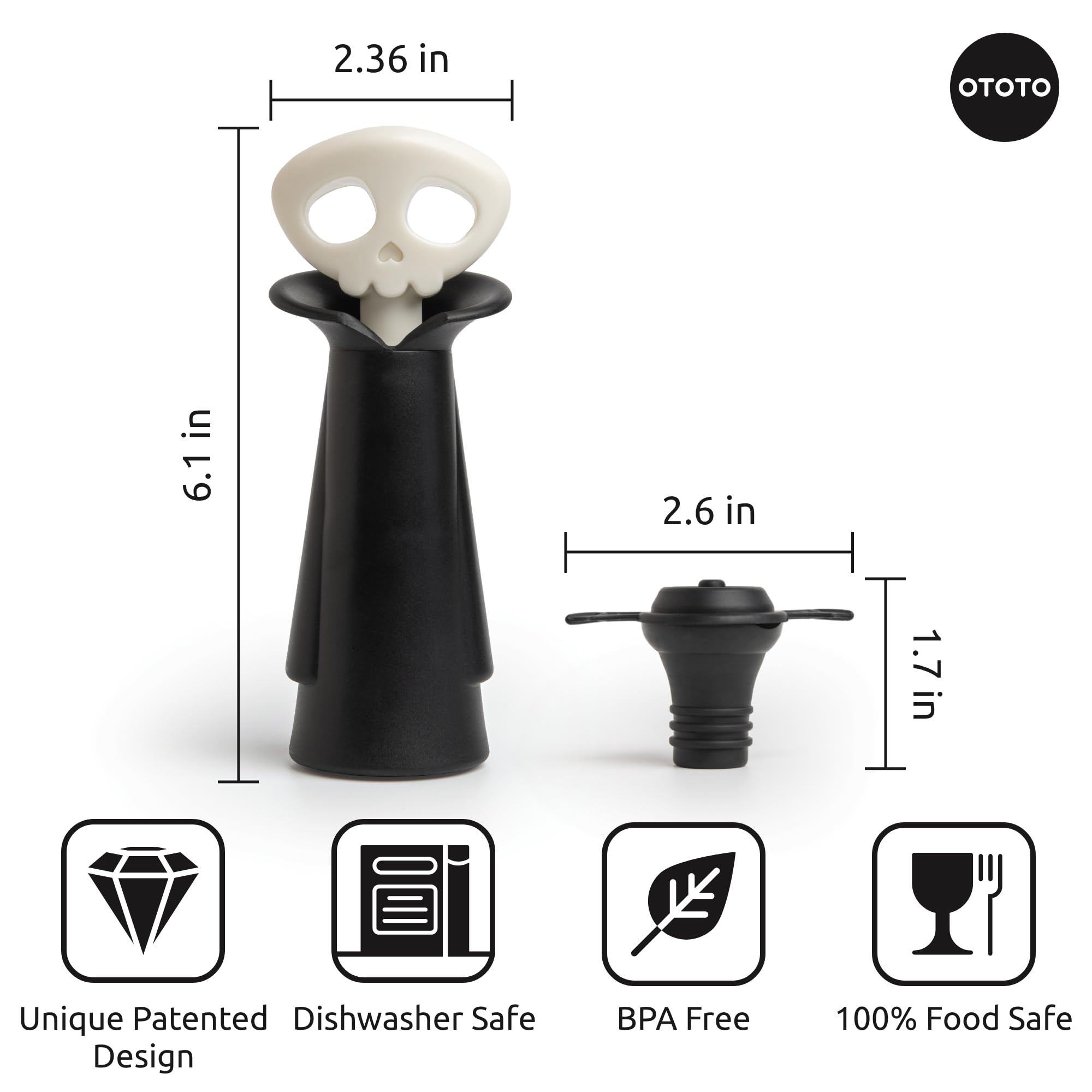 OTOTO Wine Stoppers & Pourer - Halloween Gifts for Wine Lovers, Spooky Wine Bottle Stopper, Wine Goth Accessories, Fun Kitchen Gadgets (Count Corkula)