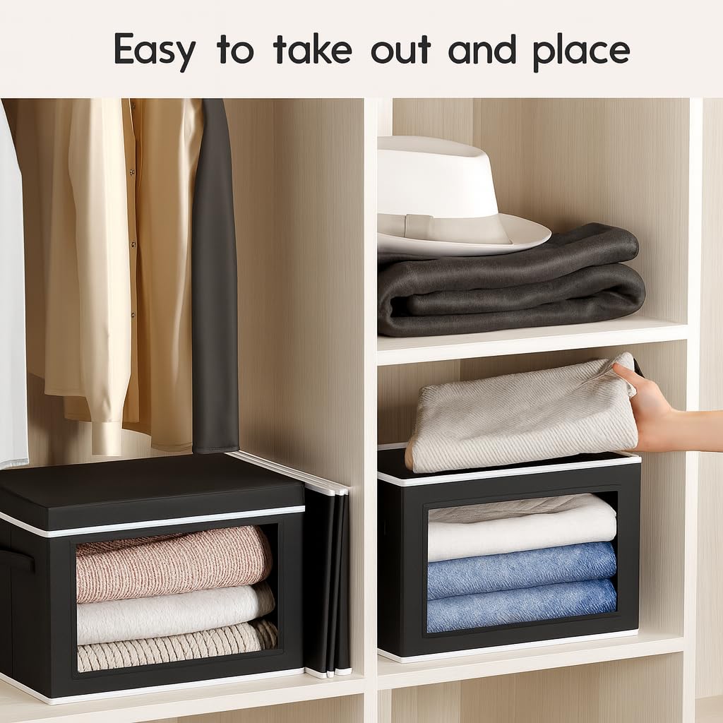Homsorout Collapsible Storage Bins with Lids - Stackable Storage Containers with Window, 6 Pack Fabric Organizing Bins for Closet, Home & Office Organization Baskets, Beige, 14.9" x 9.8" x 9.8"