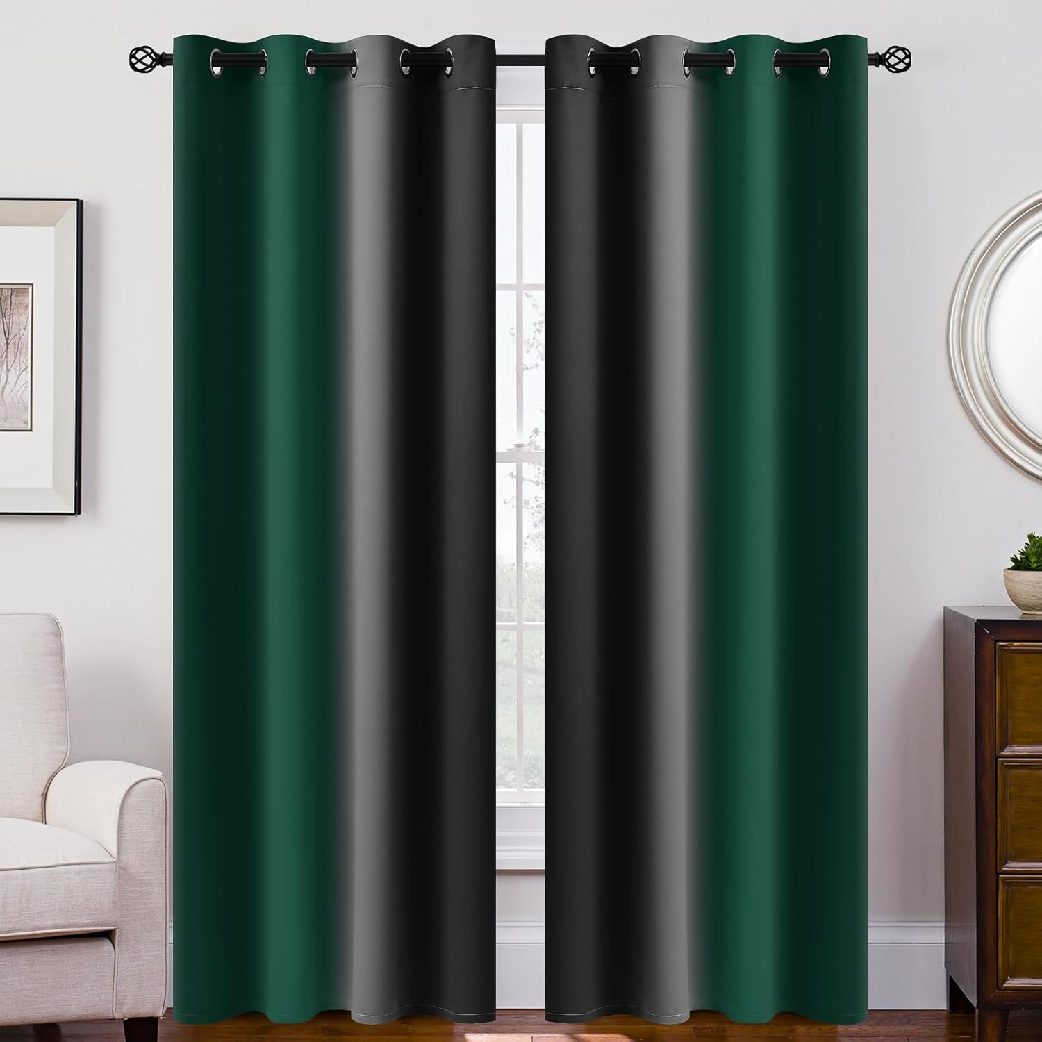 SimpleHome Ombre Room Darkening Curtains for Bedroom, Gradient Black to Grey White Light Blocking Thermal Insulated Grommet Window Curtain/Drapes for Living Room,2 Panels, 52x84 inches Length