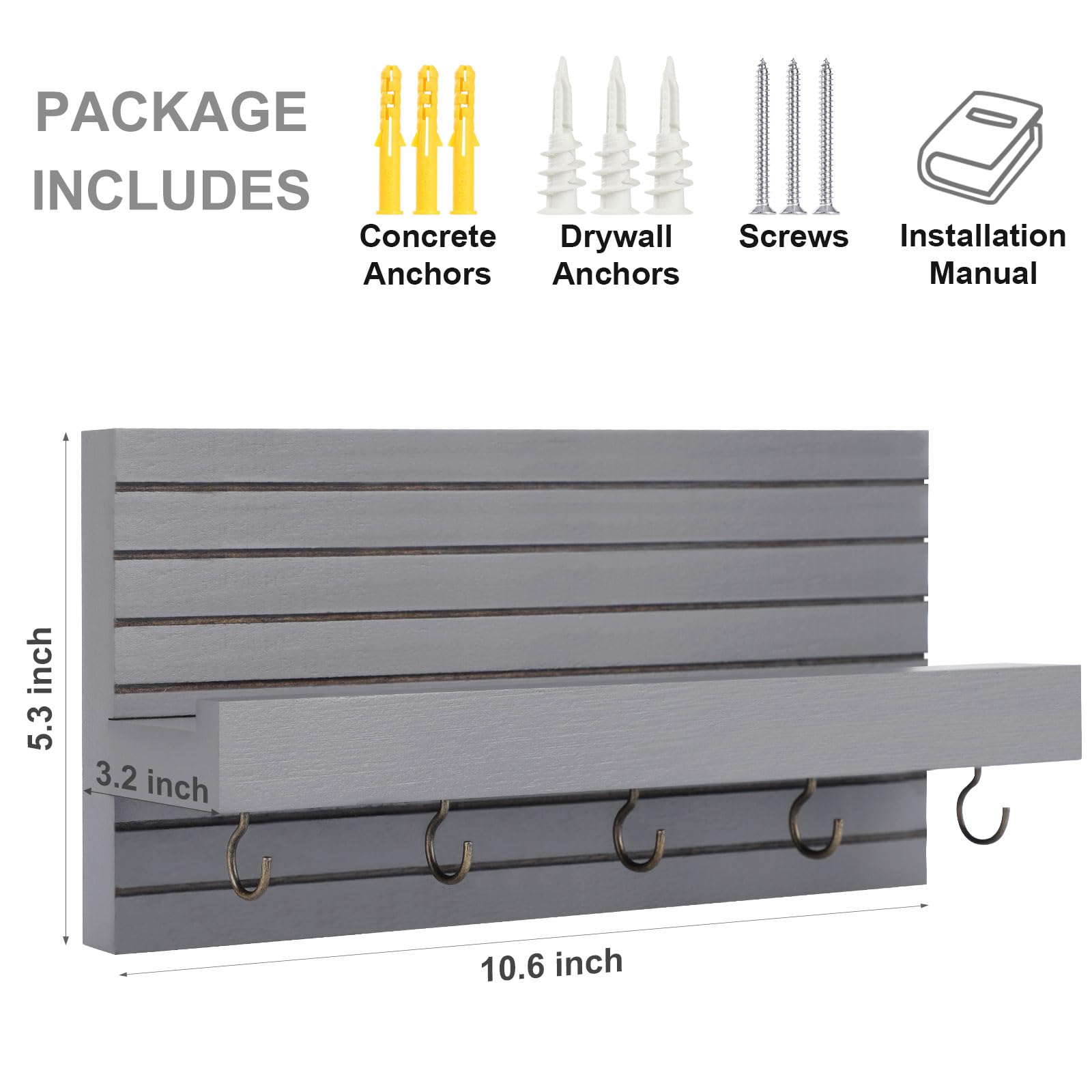 Decorative Key Holder for Wall with Shelf, Entryway Shelf with Hooks Holds Leashes, Jackets and Glasses – Sturdy Wood Keyholder Entrance Hanger with Mounting Hardware (Black, Medium)
