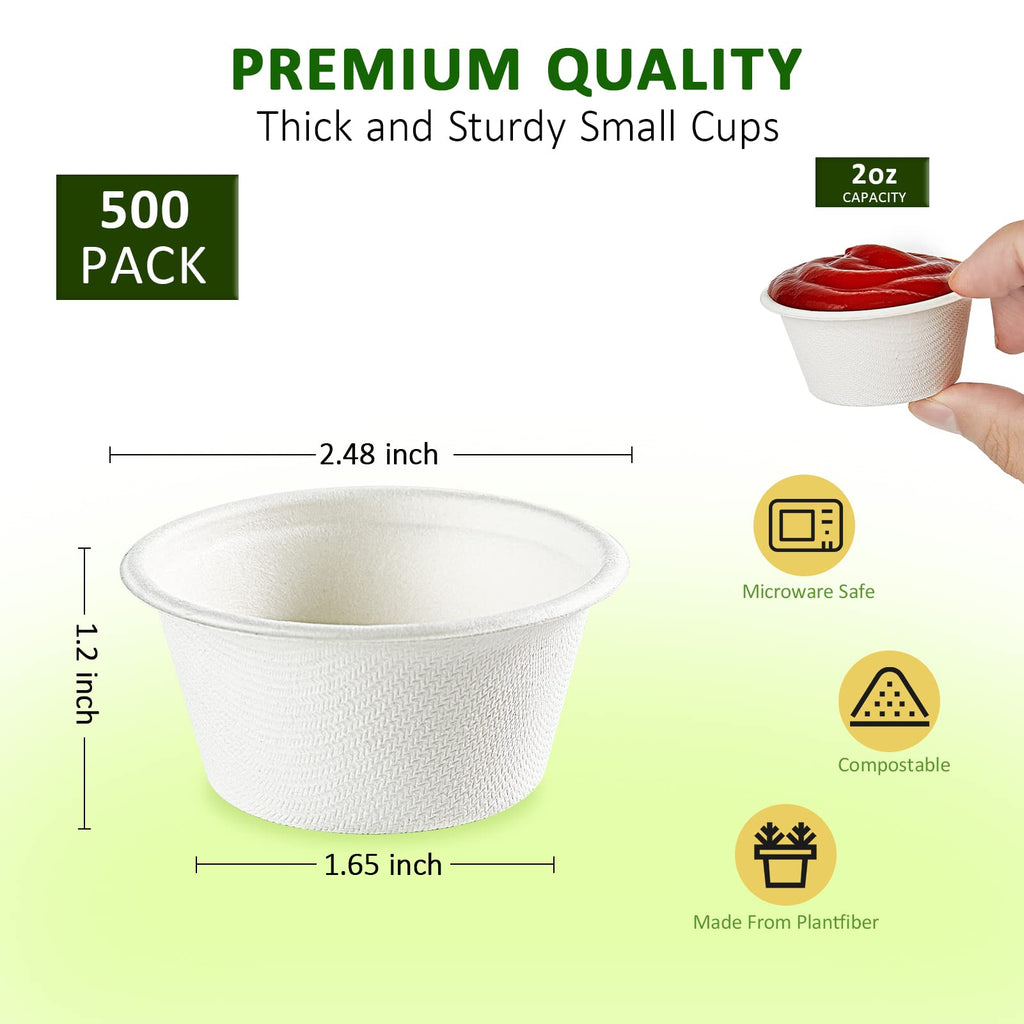 Vplus 500 Pack 2 OZ Disposable Souffle Cups, 100% Compostable Portion Cups, Made From Bagasse Fibe, Perfect For Dips, Food Sample, Jams, Honey, Sauces, Nuts