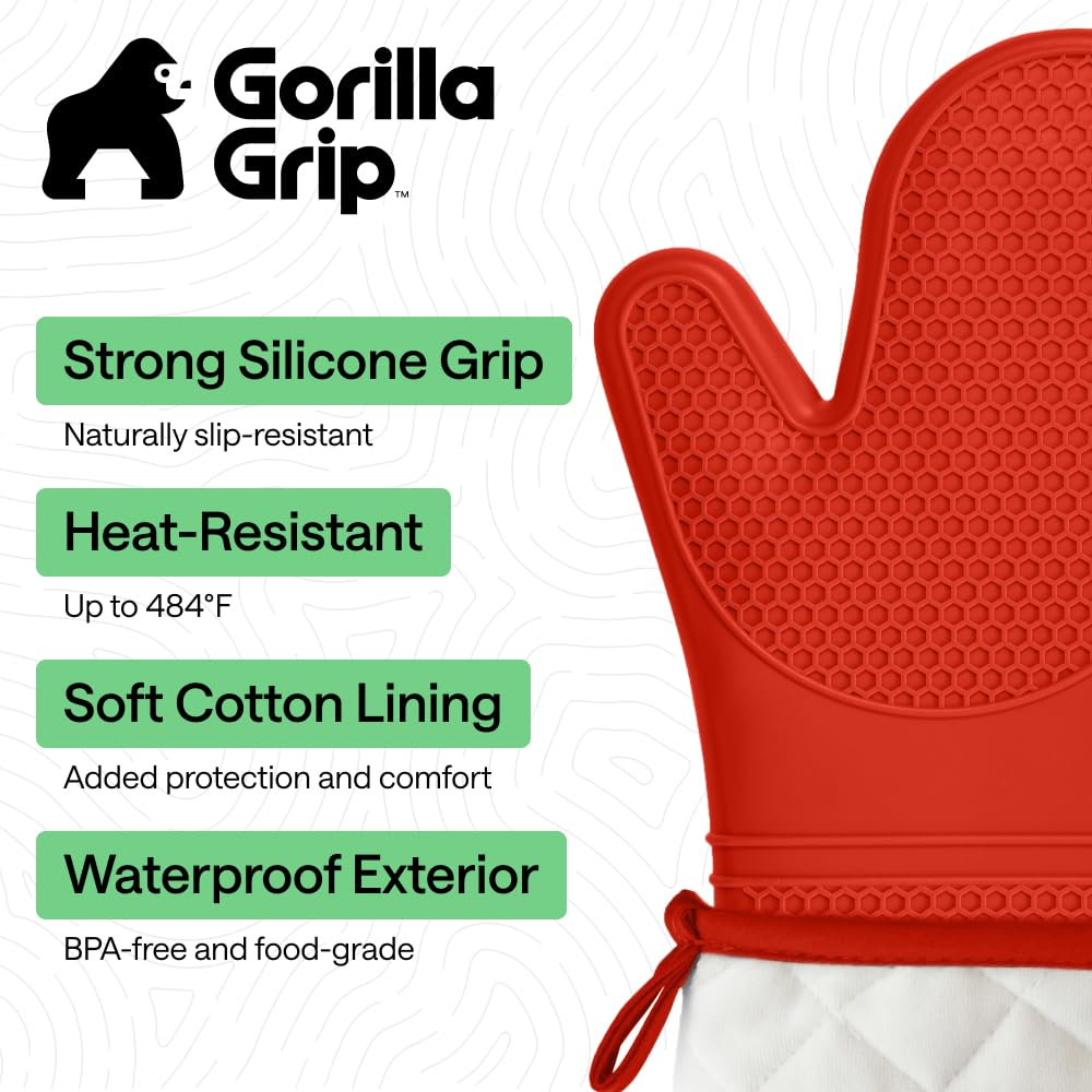 GORILLA GRIP BPA-Free Soft Silicone Oven Mitts, Heat Resistant and Waterproof Cooking Safety Gloves, Thick Cotton Lining, Flexible Gripping, Kitchen Potholders Set, for Grilling, BBQ, 12.5x8.3, Black