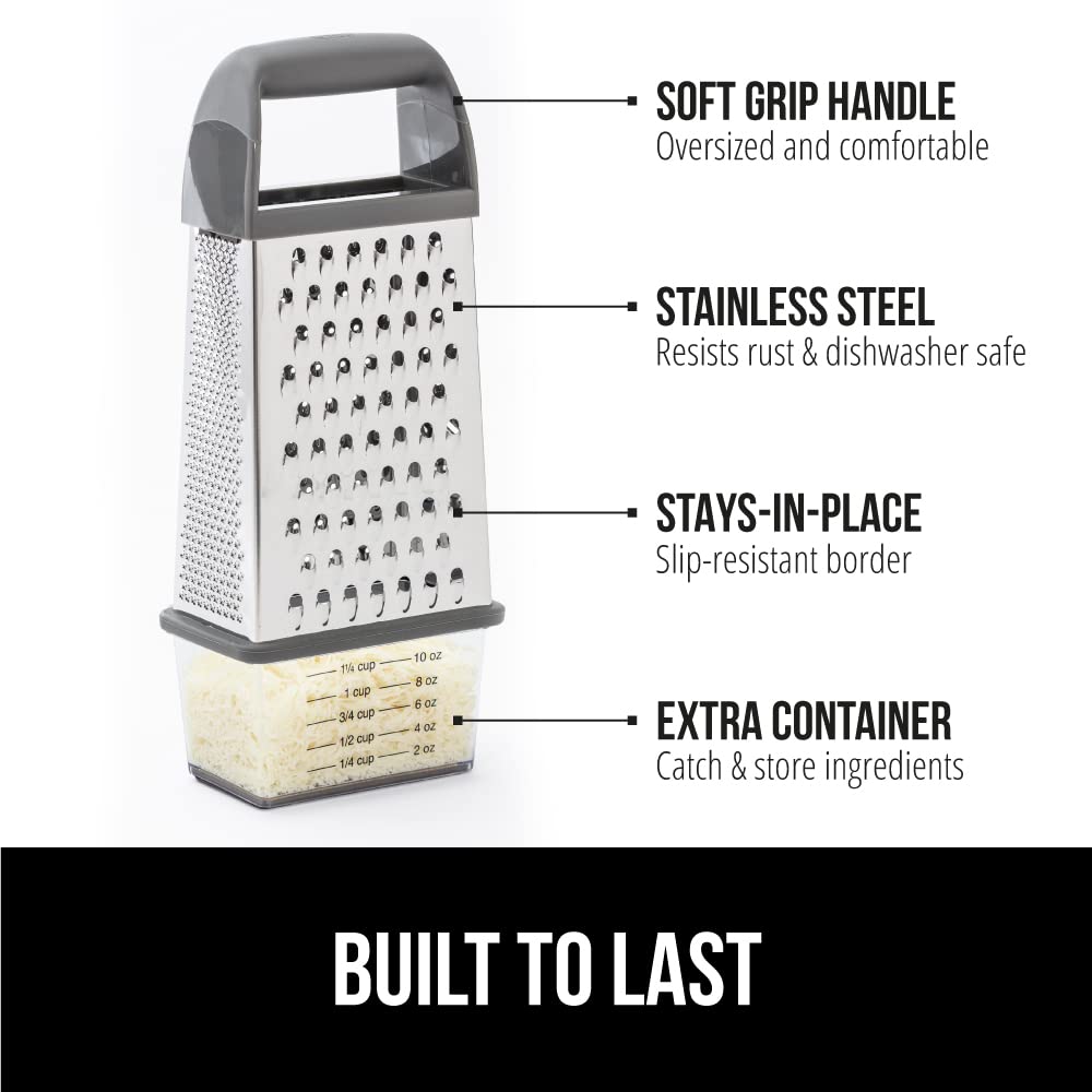 GORILLA GRIP 4-Sided Stainless Steel Cheese Grater With Container, 100% BPA-Free Box Grater, Slip Resistant Base and Handle, Grate Parmesan, Hard Cheeses, Shred Vegetables, Dishwasher Safe, Black