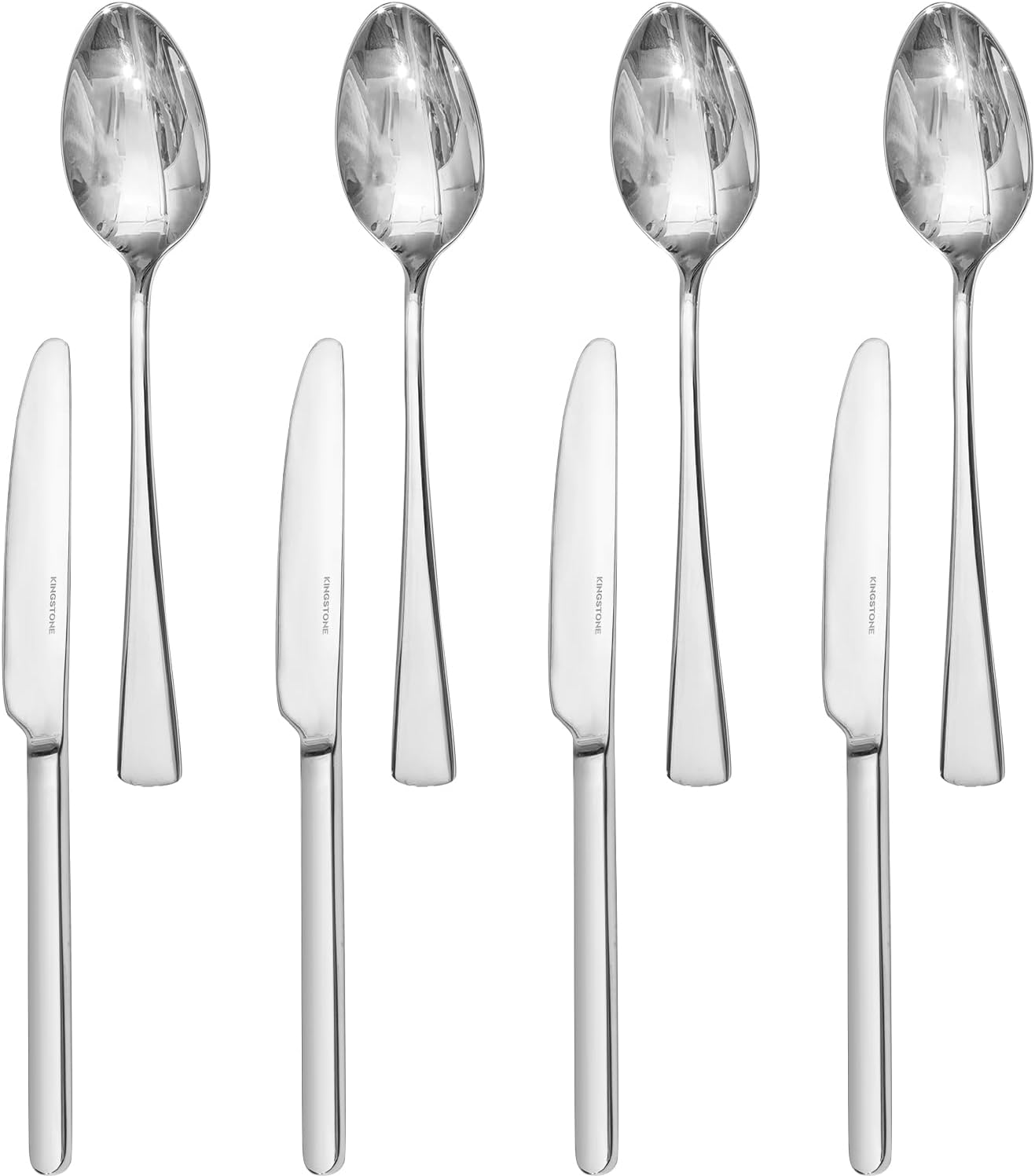 KINGSTONE 4 Piece 8.15inches 18/10 Stainless Steel Spoons Set and 8.9-Inches Stainless Steel Dinner Knives Set of 4, Spoons and Dinner Knives for Home, Kitchen, Weddings, Parties, Dishwasher Safe