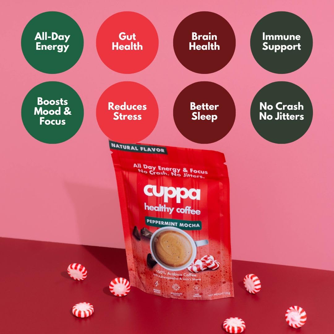 Cuppa Medium Roast Mushroom Coffee with Adaptogens & Superfoods - Lion’s Mane, Ashwagandha & Cordyceps. Adaptogens + MCT to support natural energy, mental focus & gut health (30 Servings)