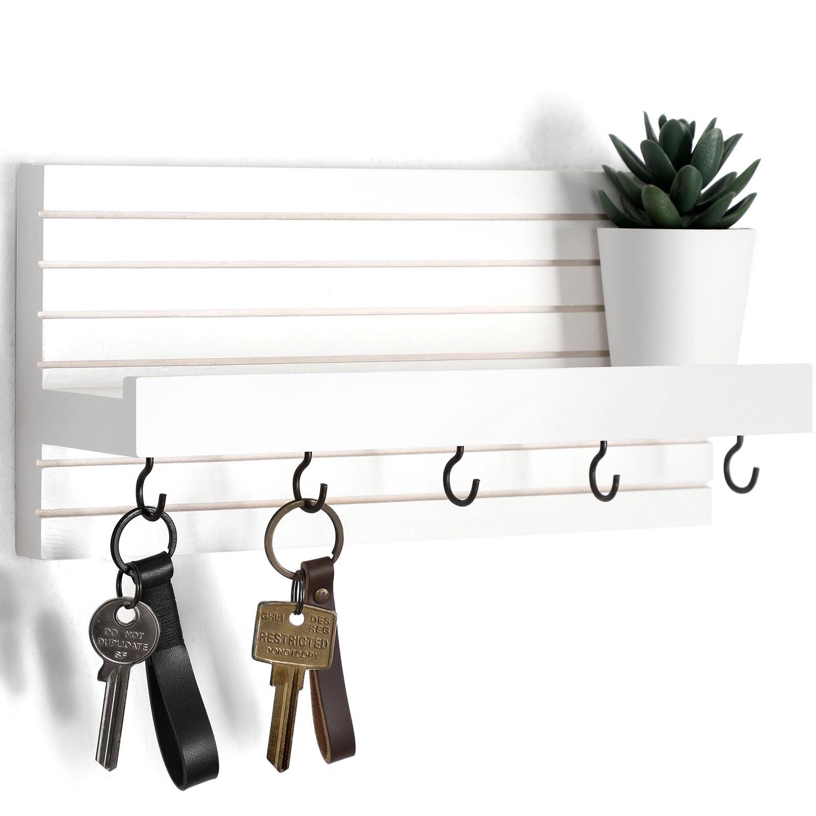 Decorative Key Holder for Wall with Shelf, Entryway Shelf with Hooks Holds Leashes, Jackets and Glasses – Sturdy Wood Keyholder Entrance Hanger with Mounting Hardware (Black, Medium)