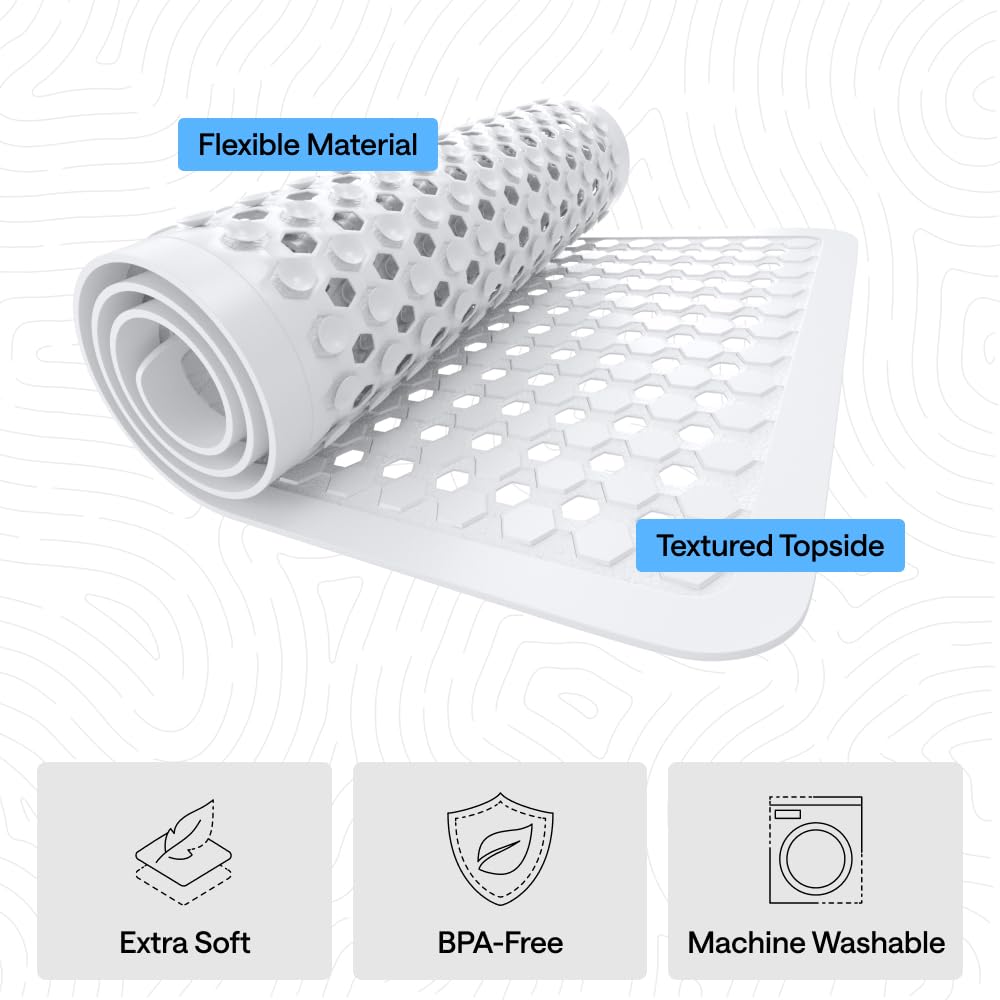 GORILLA GRIP Patented Bath Tub Shower Mat, Machine Washable Bathtub Floor Liner Mats, Suction Cups and Drain Holes to Keep Tubs Clean, Soft on Feet, Bathroom Essentials, 35x16 Inch, Clear