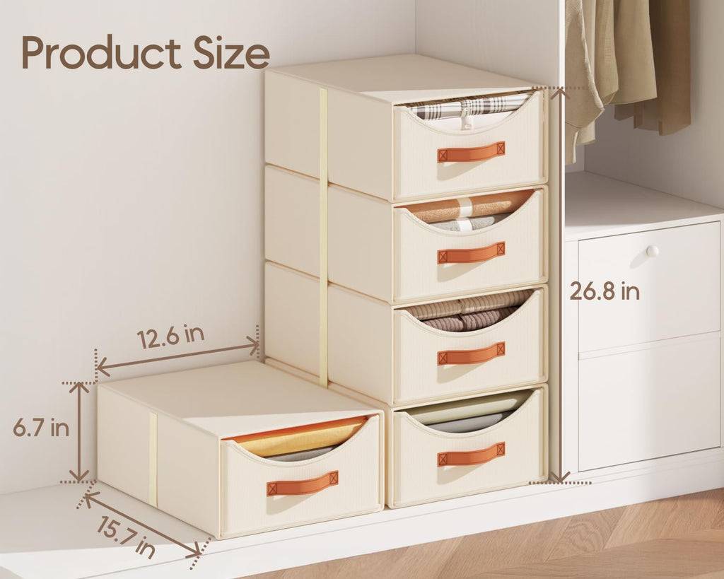 Homsorout Stackable Storage Drawers - Collapsible Storage Bins with Drawers, 4 Pack Closet Shelf Organizer Basket, Fabric Pull Out Organizer for Bedroom, Living Room, Dorm, Beige