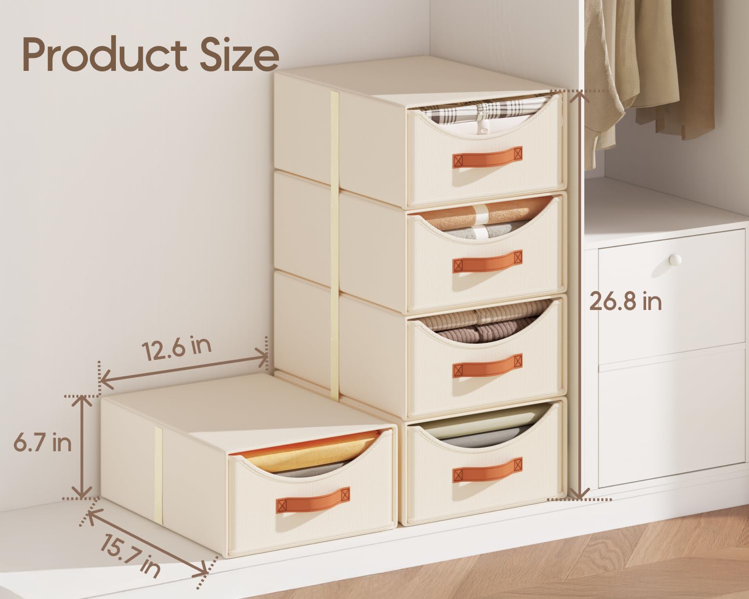 Homsorout Stackable Storage Drawers - Collapsible Storage Bins with Drawers, 4 Pack Closet Shelf Organizer Basket, Fabric Pull Out Organizer for Bedroom, Living Room, Dorm, Beige