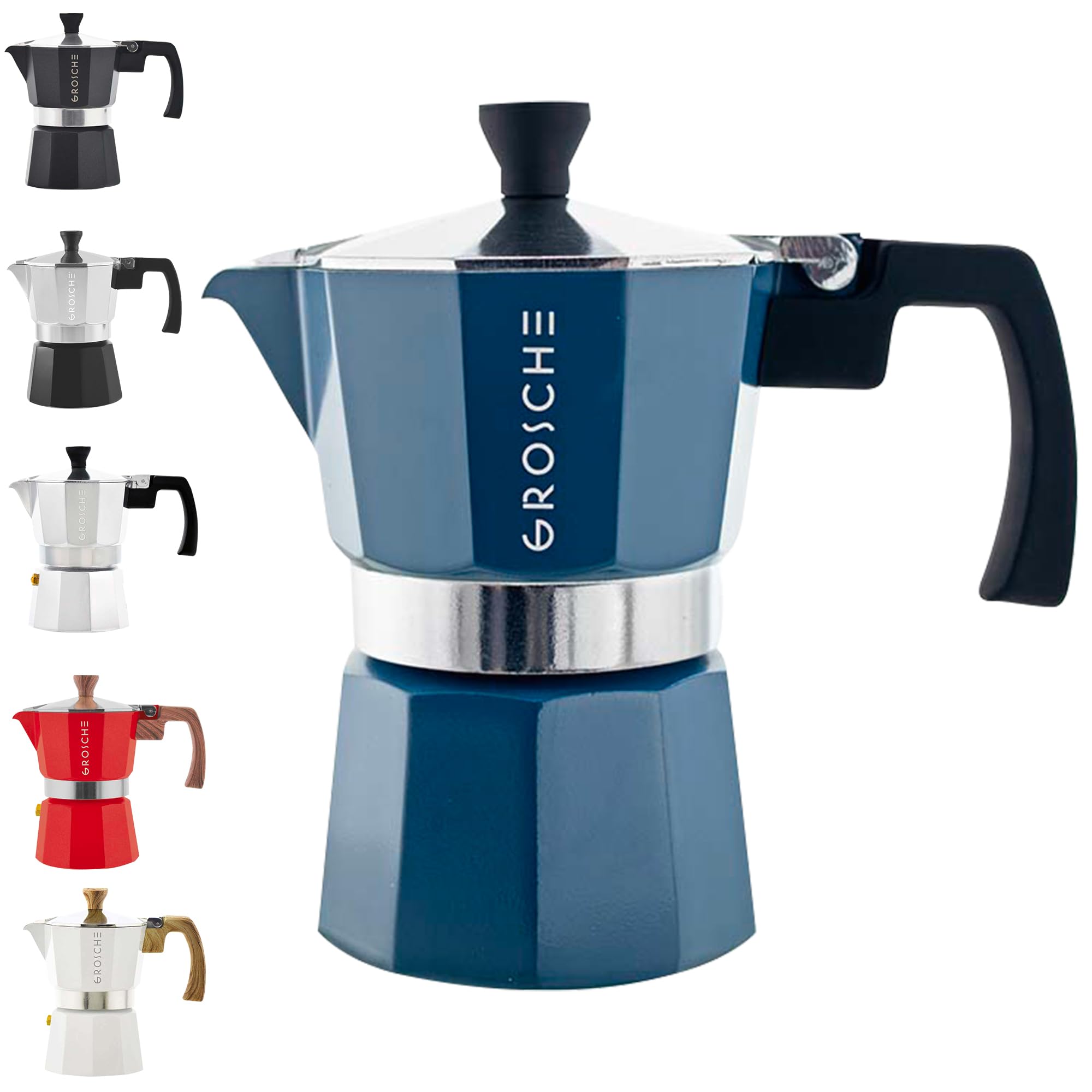 GROSCHE Milano Moka pot, Stovetop Espresso maker, Greca Coffee Maker, Stovetop coffee maker and espresso maker percolator (Grey, 6 cup)
