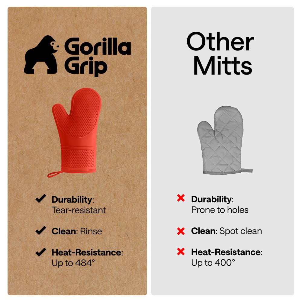 GORILLA GRIP BPA-Free Soft Silicone Oven Mitts, Heat Resistant and Waterproof Cooking Safety Gloves, Thick Cotton Lining, Flexible Gripping, Kitchen Potholders Set, for Grilling, BBQ, 12.5x8.3, Black