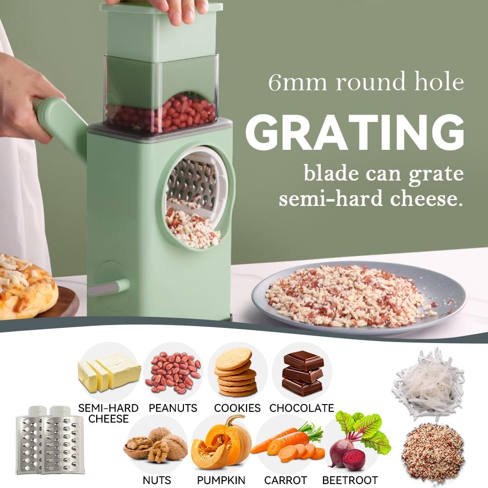 KEOUKE Rotary Cheese Grater 5 in 1 Green - Hand Crank Vegetable Cutter, Shredder, Slicer, Enlarge Input, Suction Base, Labor-Saving Handle, Blade Storage Box, for Onion, Potato, Vegetable, Nuts, etc
