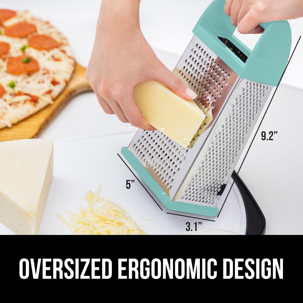 GORILLA GRIP 4-Sided Stainless Steel Cheese Grater With Container, 100% BPA-Free Box Grater, Slip Resistant Base and Handle, Grate Parmesan, Hard Cheeses, Shred Vegetables, Dishwasher Safe, Black