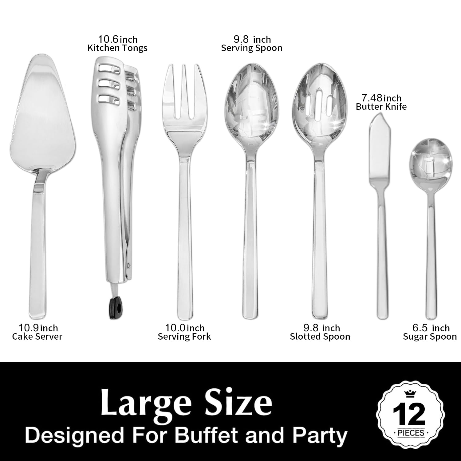 KINGSTONE Large Hostess Serving Utensils Set, 18/10 Stainless Steel Heavy Duty 10-inch Serving Utensils, Slotted Spoons, Forks, Tongs, Cake Pie Server for Buffet, Wedding, Party